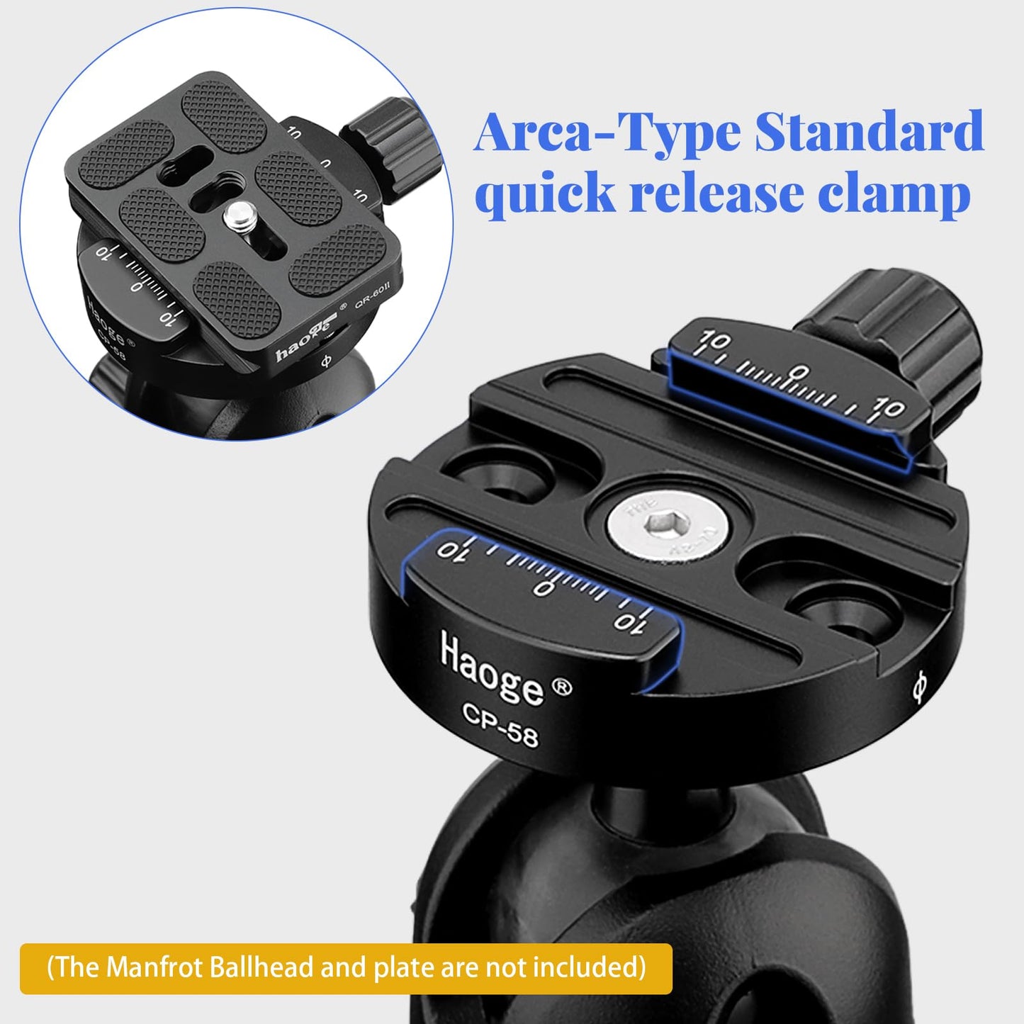 Haoge CP-58 58mm Screw Knob Quick Release Clamp Adapter Mount for Quick Release QR Plate Camera Tripod Ballhead Monopod Ball Head Fit Arca Swiss