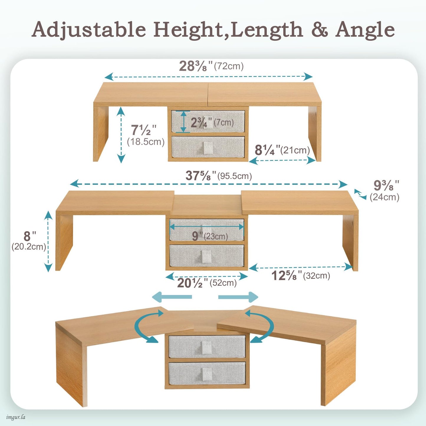 TEAMIX 42 inch Dual Monitor Stand Riser with 2 Drawers- Length and Angle Adjustable 3 Shelf Riser with Storage Desk Organizer Computer Monitor Stand