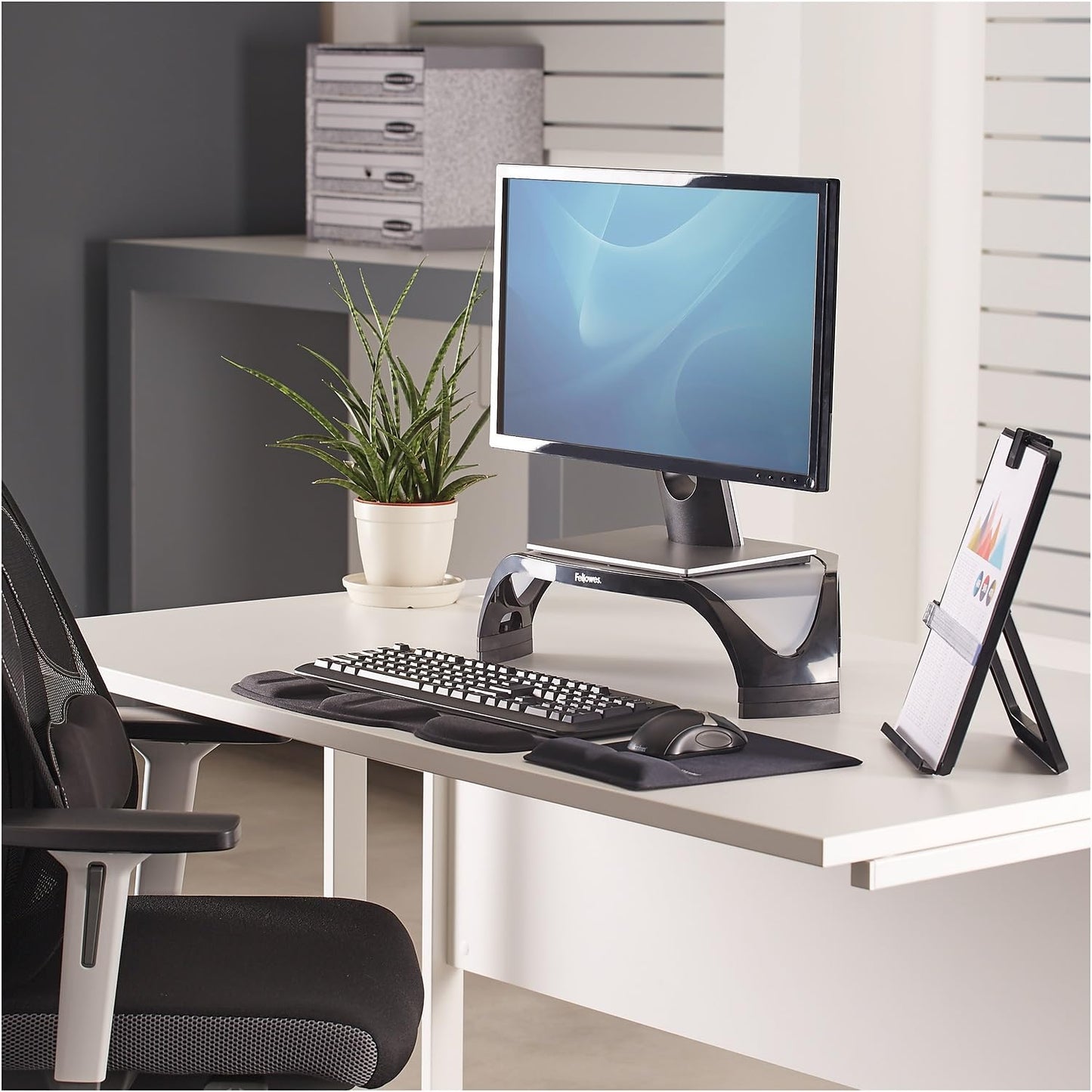 Fellowes 8020101 Corner Monitor Riser, Adjustbl,18-1/2-Inch x12-1/2-Inch x5-1/8-Inch, BK/GY