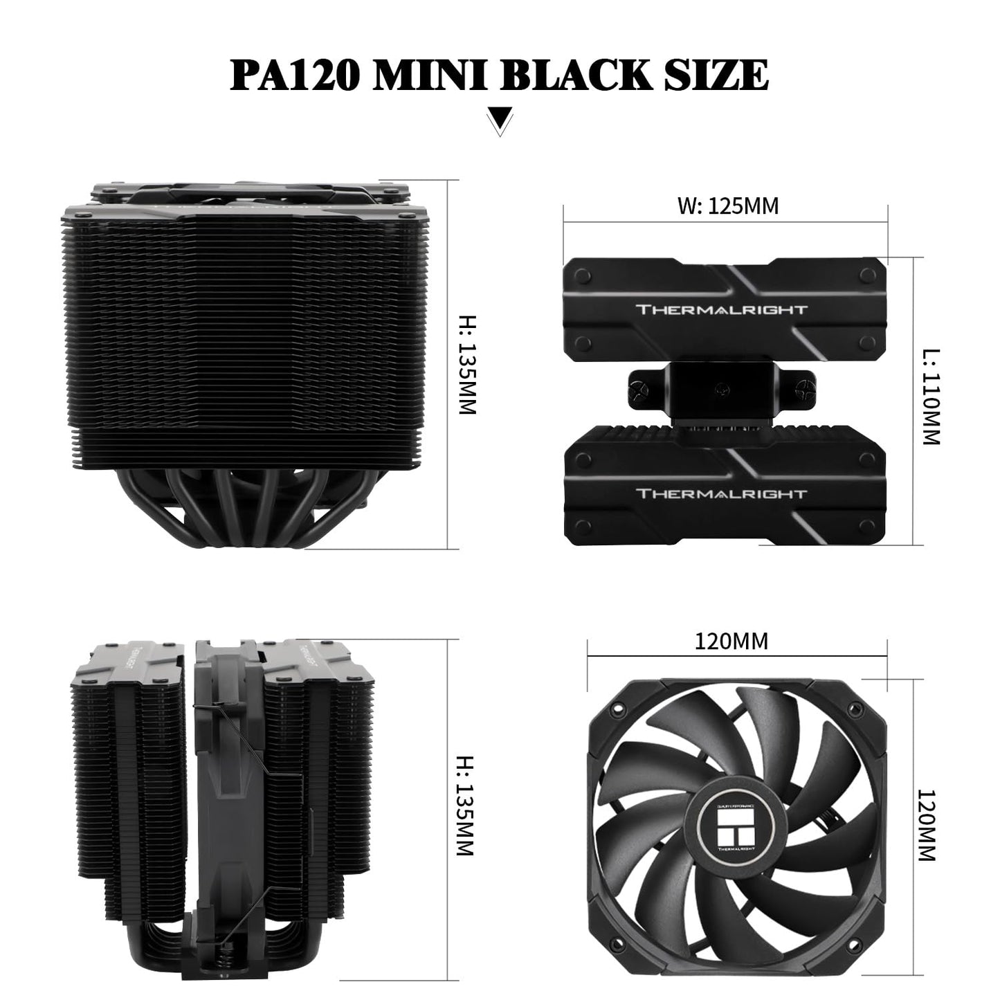 Thermalright Peerless Assassin 120 Mini Black CPU Air Cooler, 6 Heat Pipes,120mm CPU Fan, 135mm High,1500RPM±10%, Double Tower Coolers, for AM4