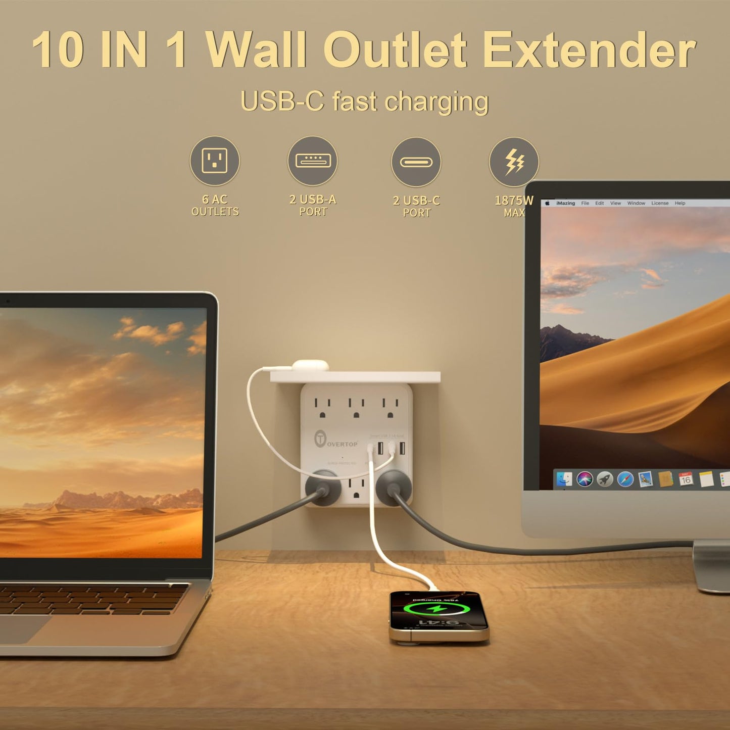 Overtop Power Charger with Shelf, Wall Outlet Extender Surge Protector with 6 AC Outlets, 4 USB Ports(1 USB C) Plug Expander Charger Shelf