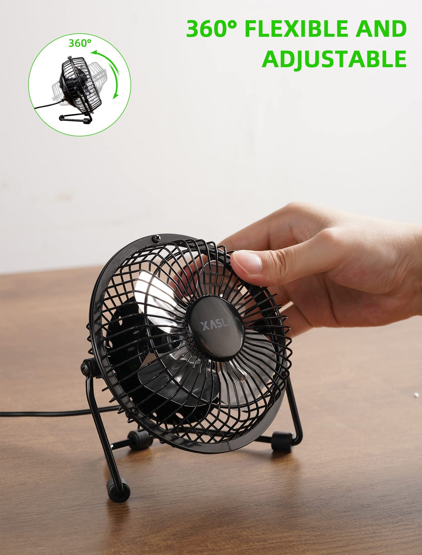 xasla 4 Inch Small USB Desk Fan, Mini Quiet Fan with Metal Construction & Strong Airflow & 360°Adjustable Tilt Angle, Personal Cooling Fan for Desktop