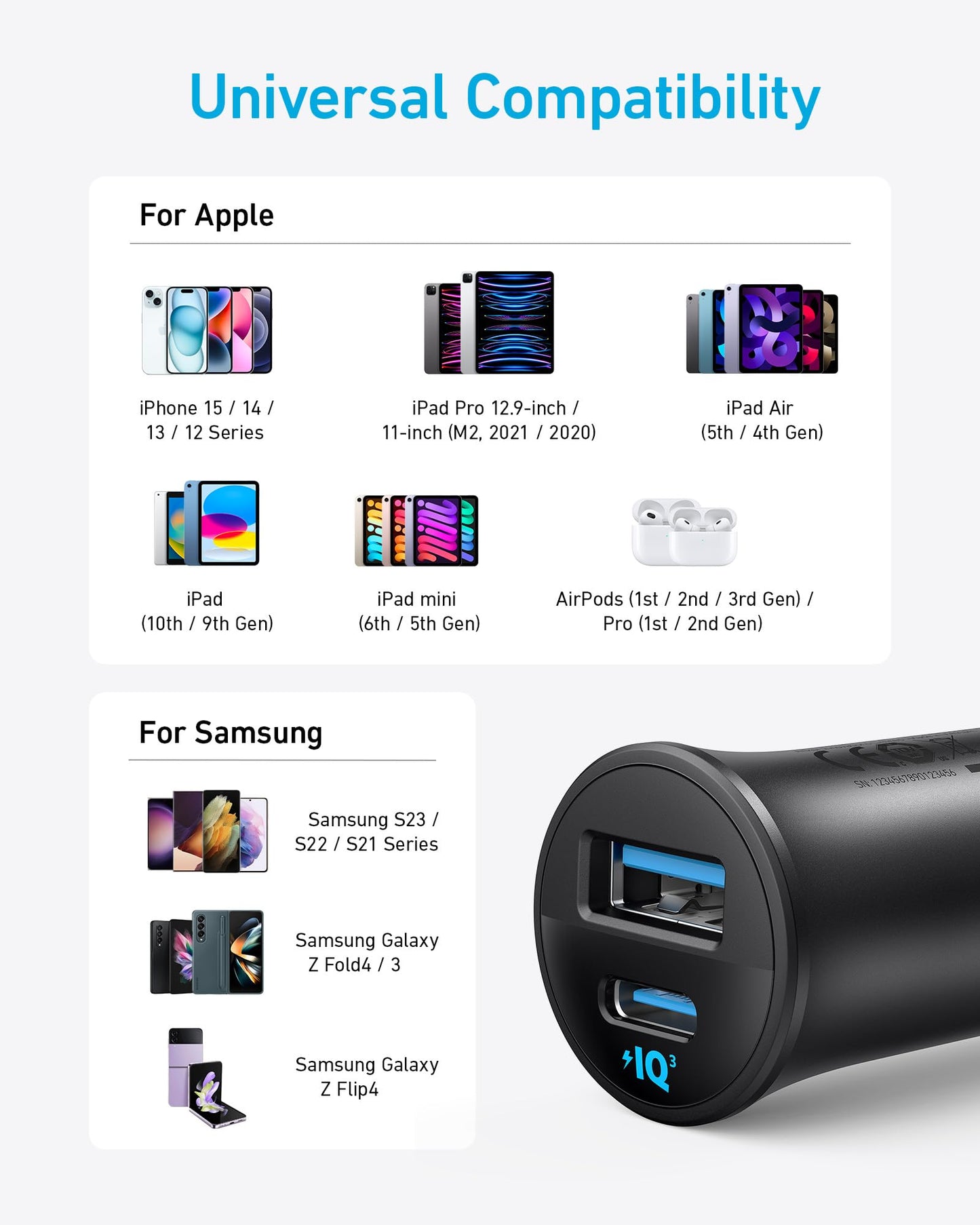 Anker USB-C Car Charger, 30W 2-Port Type-C Car Adapter, iPhone Car Charger with Power IQ 3.0, for iPhone 17/16/15/14/13 Series, Samsung Galaxy