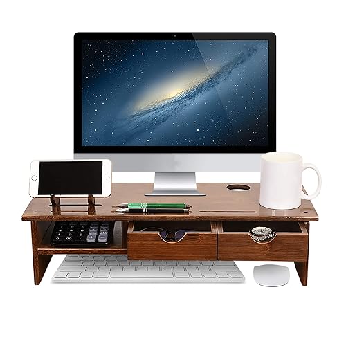 Sundale Outdoor WAYTRIM Bamboo Wood Monitor Stand Ergonomic Computer Riser with Storage Organizer Drawers Desktop Laptop Shelf Risers Cellphone Stand
