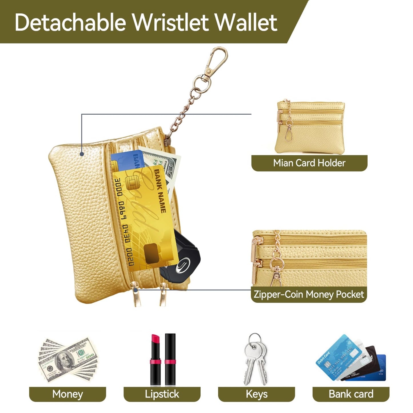 Clip and Go Strap for Phone Gold Metal Chain with Gold Purse Wallet Crossbody Phone Lanyard for Women with Cell Phone Stand Holder 2 Patches Tether