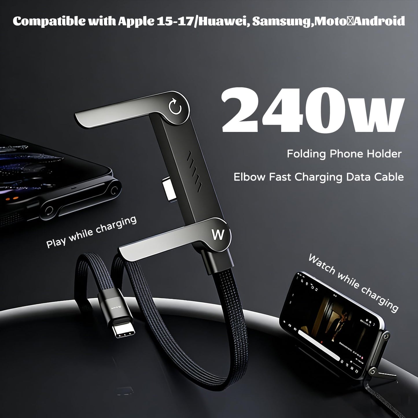 240w Braided Fast Charging Cable with Built-In Phone Stand,Invisible Stand Charging Cable,2026 New Foldable Durable USB-C Cord,90 Degree USB C Cable