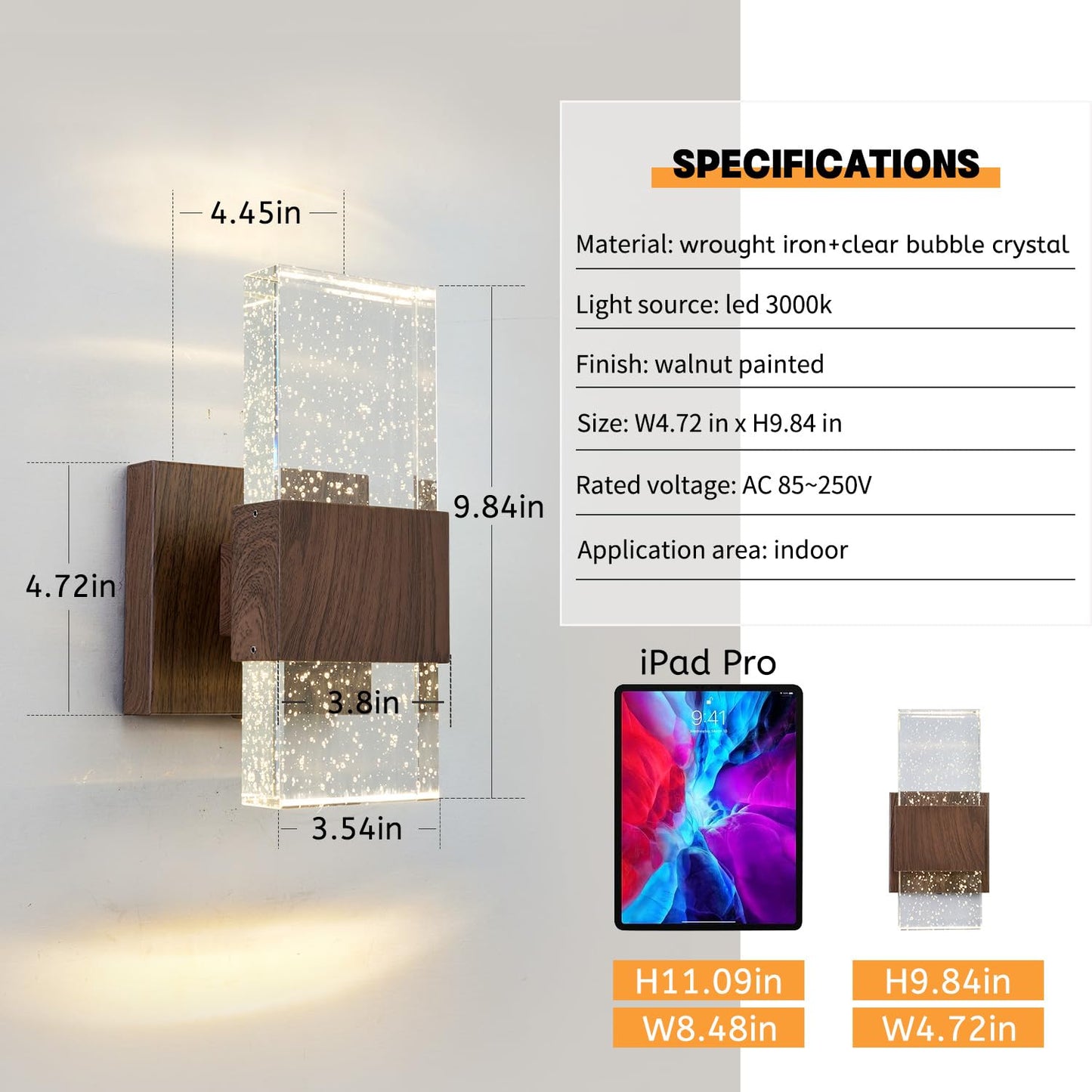 ZUIMEITIANS Bubble Crystal Wood Style Wall Sconce Walnut Finish Wall Lamp LED Sconce Rustic Wall light Fixture for Bedroom Living Room Bathroom