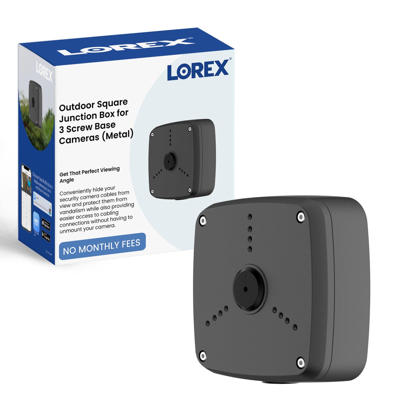 Lorex Outdoor Square Junction Box | 3-Screw Base | Weatherproof Metal Mount | Hidden Cable Management | Ceiling or Wall Mount | for Select Lorex