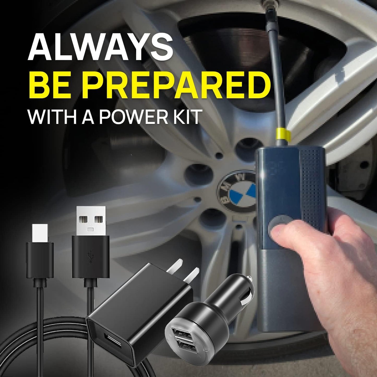 Airmoto Power Kit - Car Charger and Home Charger for Airmoto Tire Inflator Portable Air Compressor - Fast Charging with 3ft Lightning Cable