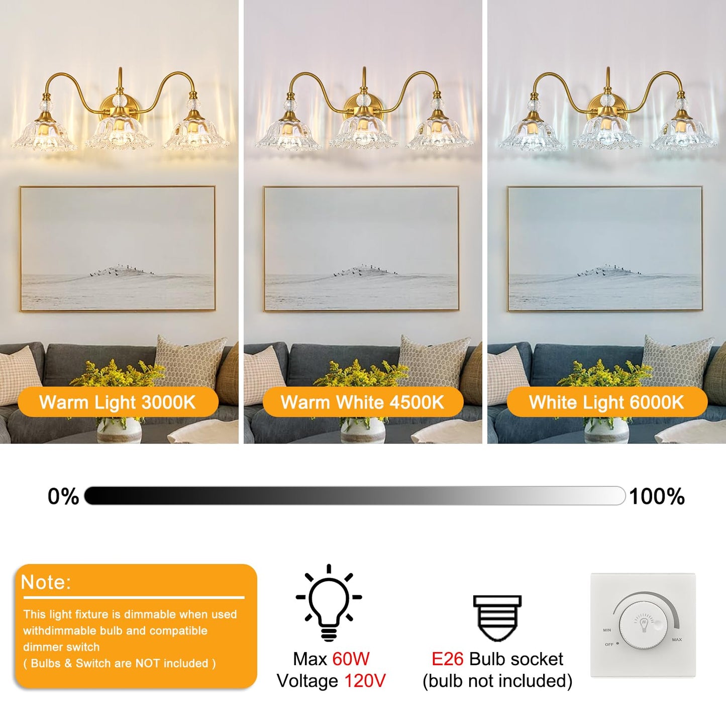 ZHUOER Modern Bathroom Vanity Light Fixtures 3 Lights Brushed Gold Vanity Lights for Bathroom with Floral Crystal Glass Shade Modern Wall Lighting
