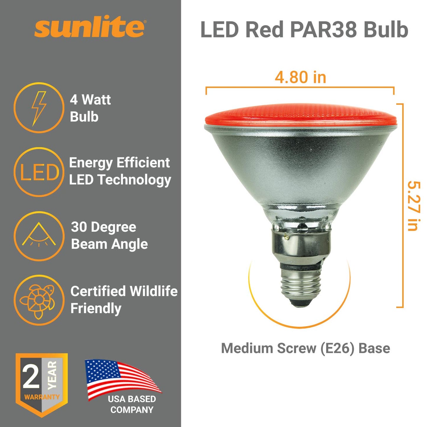 Sunlite 80043-SU LED PAR38 Colored Wildlife Friendly Light Bulb, 4 Watts, (25W Equivalent), E26 Medium Base, 30,000 Hour Lifespan, 1 Pack, Red