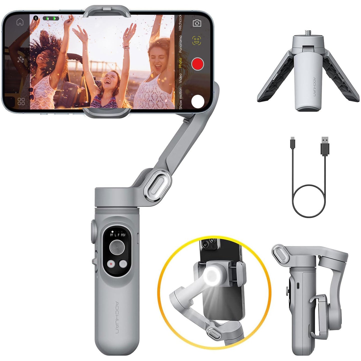 Gimbal Stabilizer for Smartphone w/LED Light Face Tracking Inception Timelapse Handheld Foldable 3-Axis Gimble for iPhone 15 14 13 12 11 Pro Max