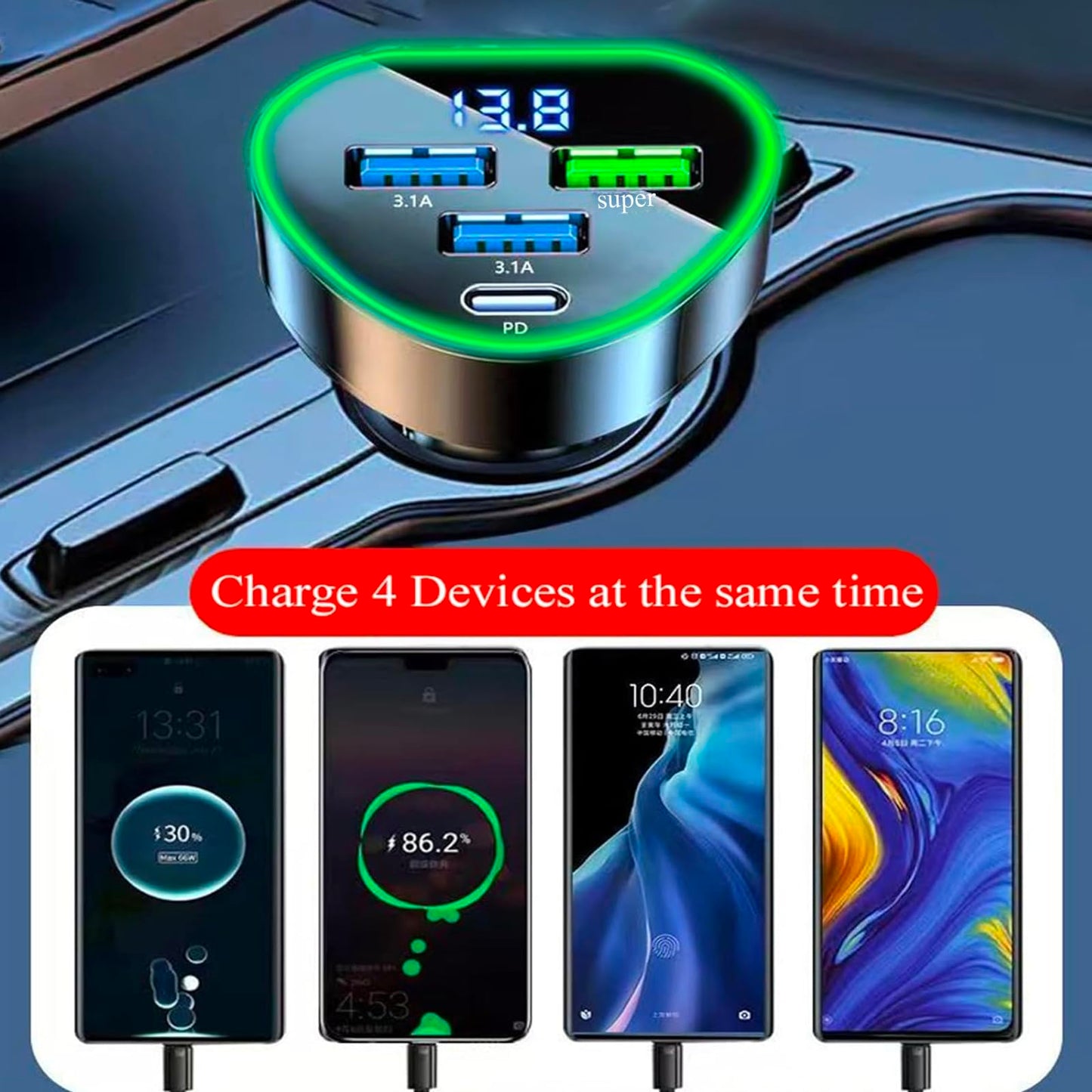 4 in 1 Multi Port USB C Car Phone Charger Adapter with Voltage Display, QC4.0/PPS/AFC Super Fast Cigarette Lighter USB Charge with Volt Meter