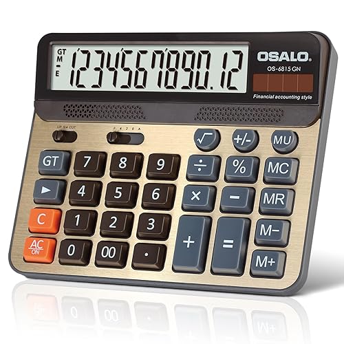 Desktop Calculator Extra Large 5-Inch LCD Display 12-Digit Big Number Accounting Calculator with Giant Response Button, Battery & Solar Powered