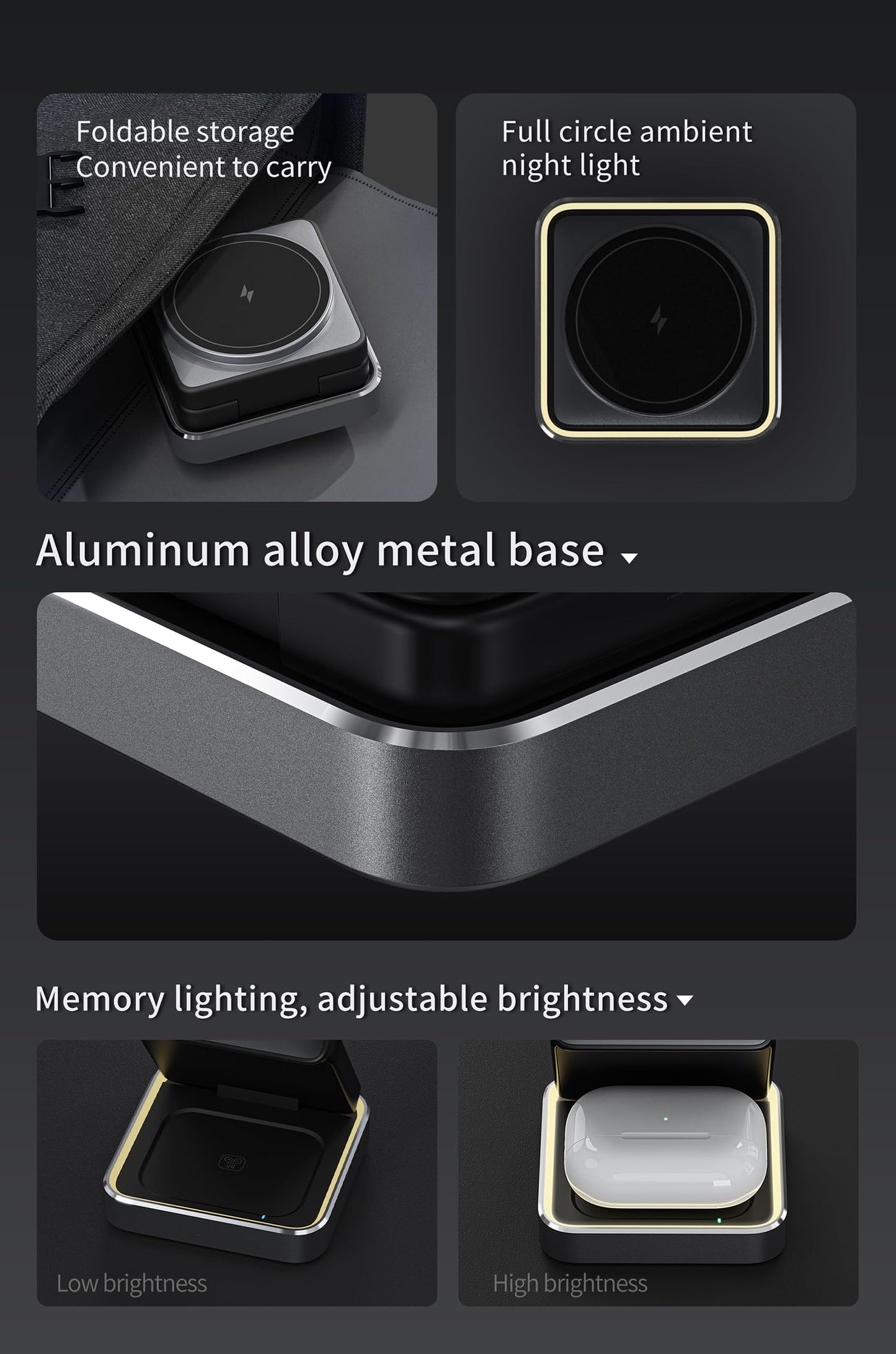 3 in 1 Wireless Charger for iPhone 17 16 15 14 13 12 11 Pro Max Foldable Wireless Charging Station with Night Light for MagSafe Travel Magnetic