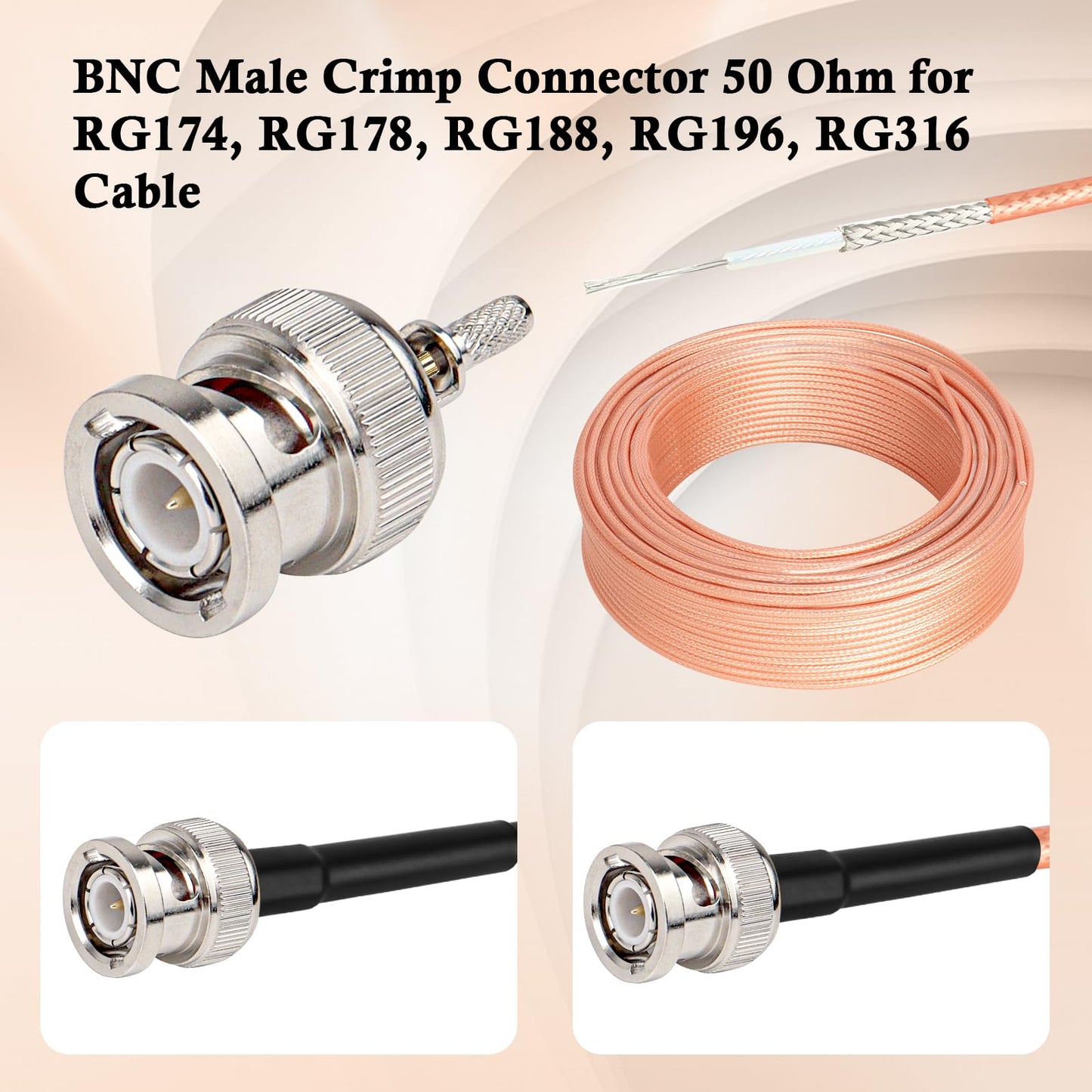 XRDS -RF BNC Crimp Connectors 10PCS, BNC Male Crimp Solder Attachment Connector for RG316 RG174 RG188 RG188A LMR100 Coax Cable