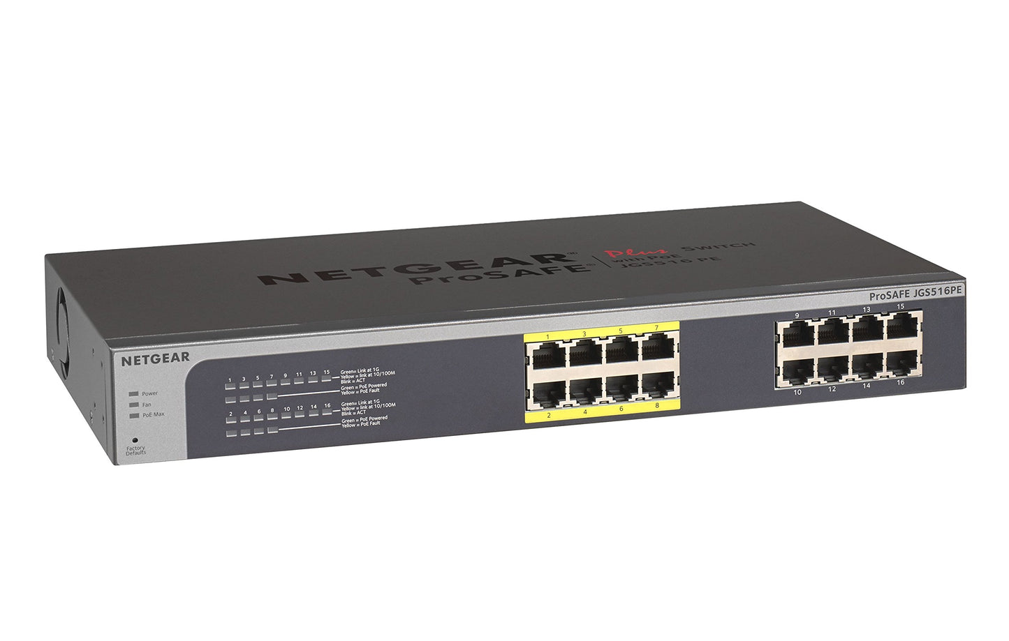 NETGEAR JGS516PE-100NAS 16-Port Gigabit Rackmount Smart Managed Plus Switch, 85w 8xPoE, ProSAFE Lifetime Protection