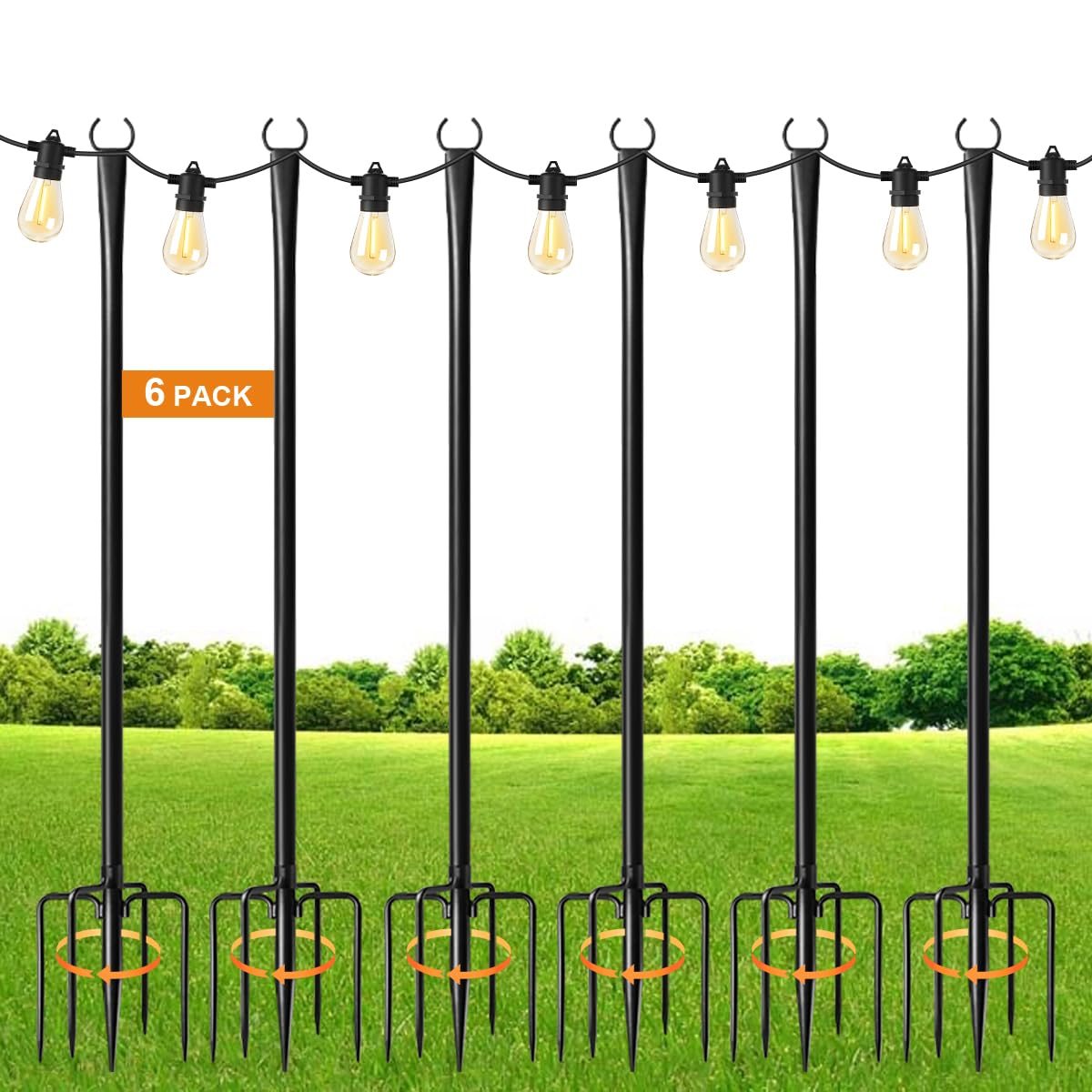 MuliVid 6 Pack 9FT String Light Poles for Outdoor,Metal Lights Hanging Pole Outside with Fork,Light Stand for Patio, Pergola, Garden, Backyard, Yard