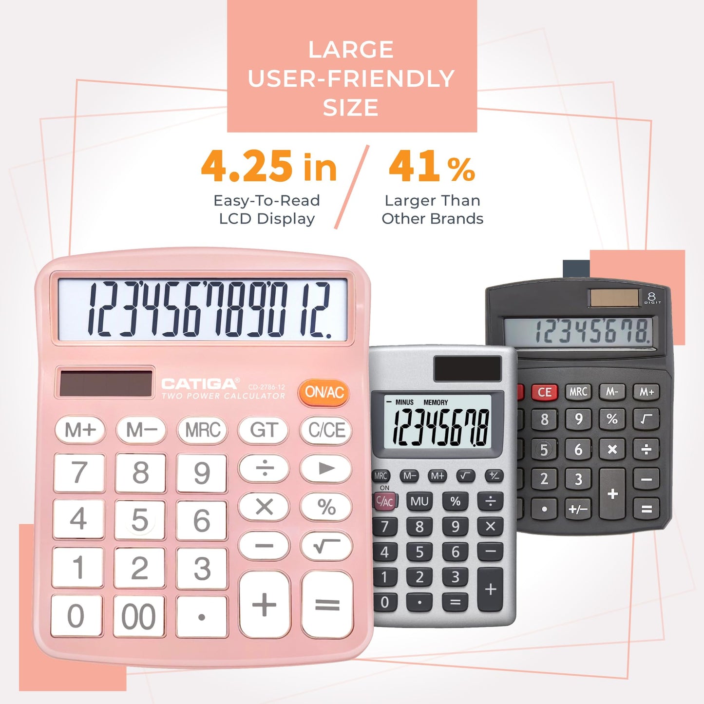 CATIGA 12 Digits Desktop Calculator with Large LCD Display and Sensitive Button, Dual Solar Power and Battery, Standard Function for Office, Home