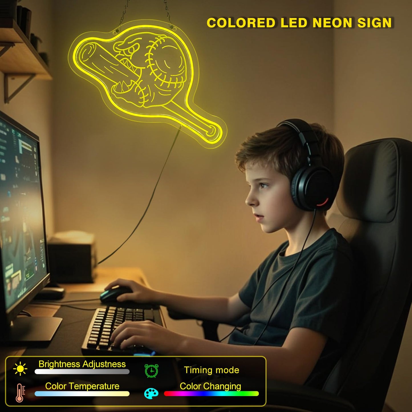 GYZLK Baseball Neon Sign 17.8×10.5 Inch Baseball Night Light for Kids with Remote Control Dimmable LED Lamp as Room and Bedroom Decoration Gift