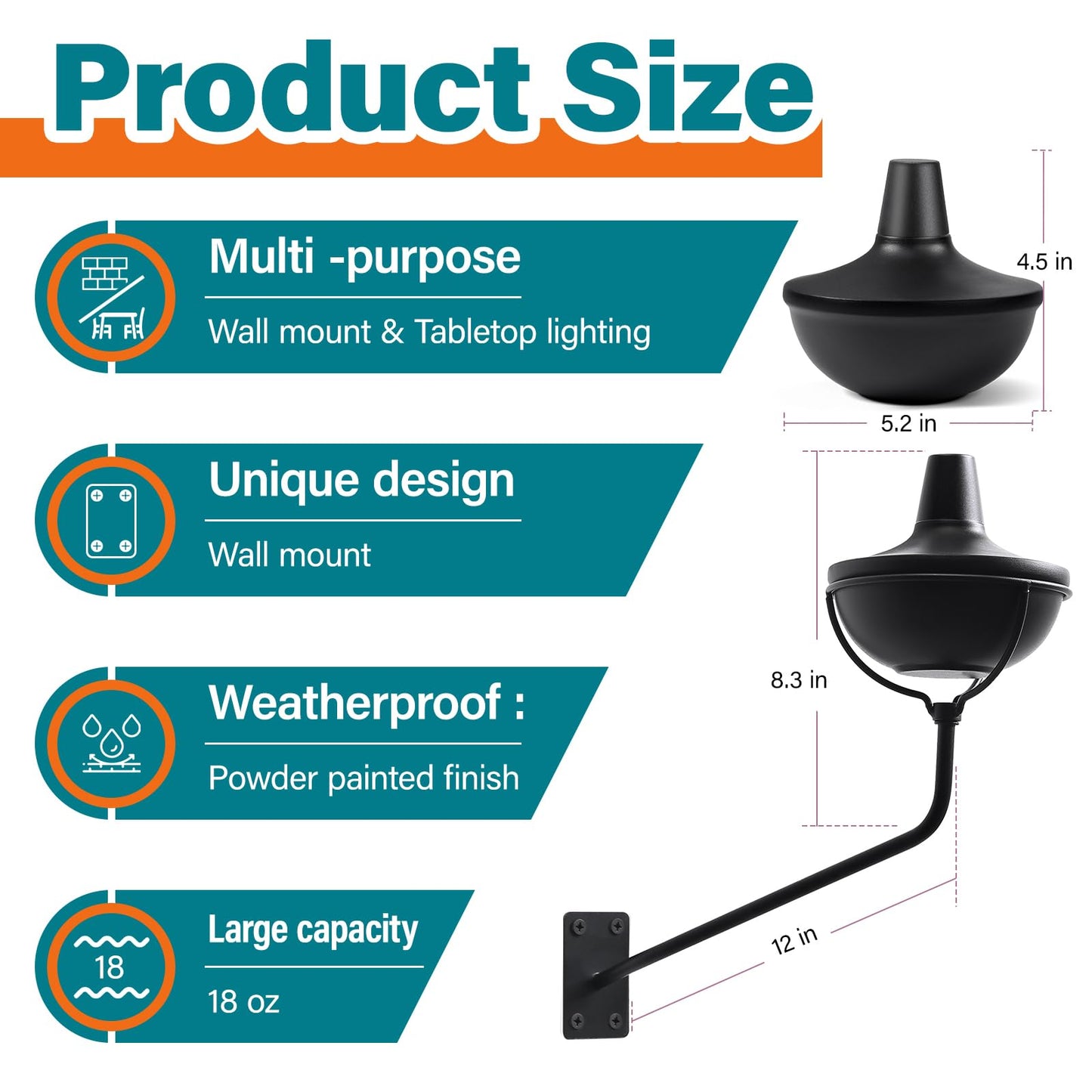 FAN-Torches Wall Mounted Citronella Torches Set of 6, 24 oz Garden Torches for Outside, Refillable Flame Light Torch, Outdoor Metal Torch for Yard