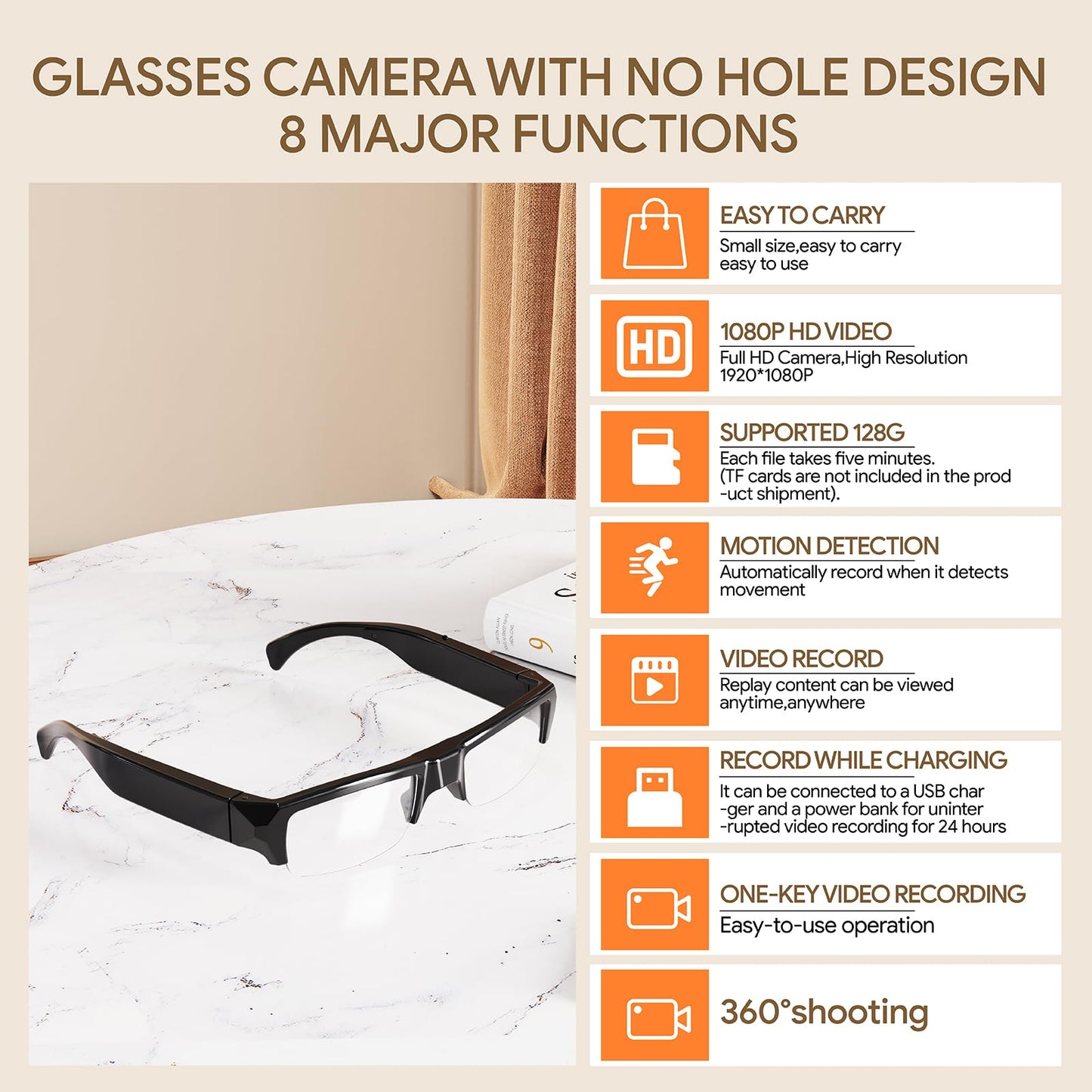 DUVIX Mini Camera Glasses with 64GB Card HD 1080P Video Glasses with Motion Detection for Outdoor Indoor