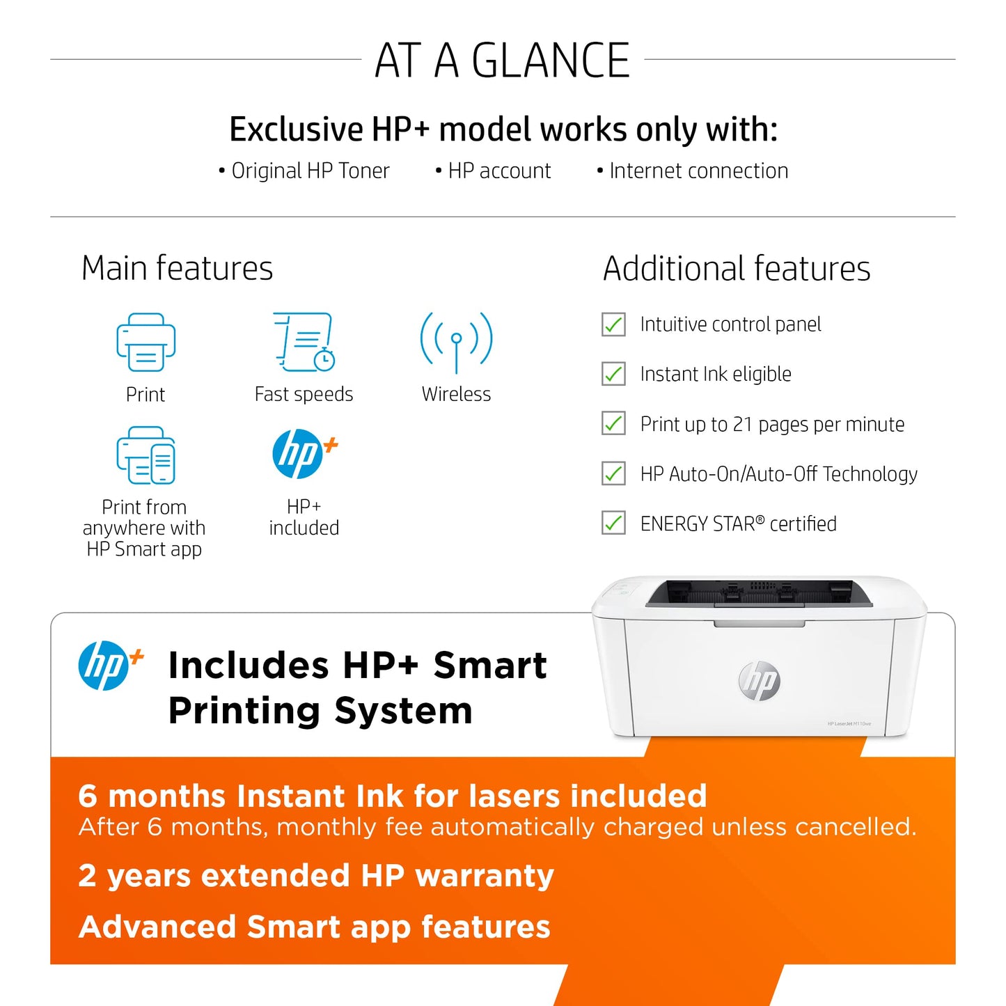 HP LaserJet M110we Wireless Monochrome Printer with HP+ and bonus 6 months Instant Ink (7MD66E)