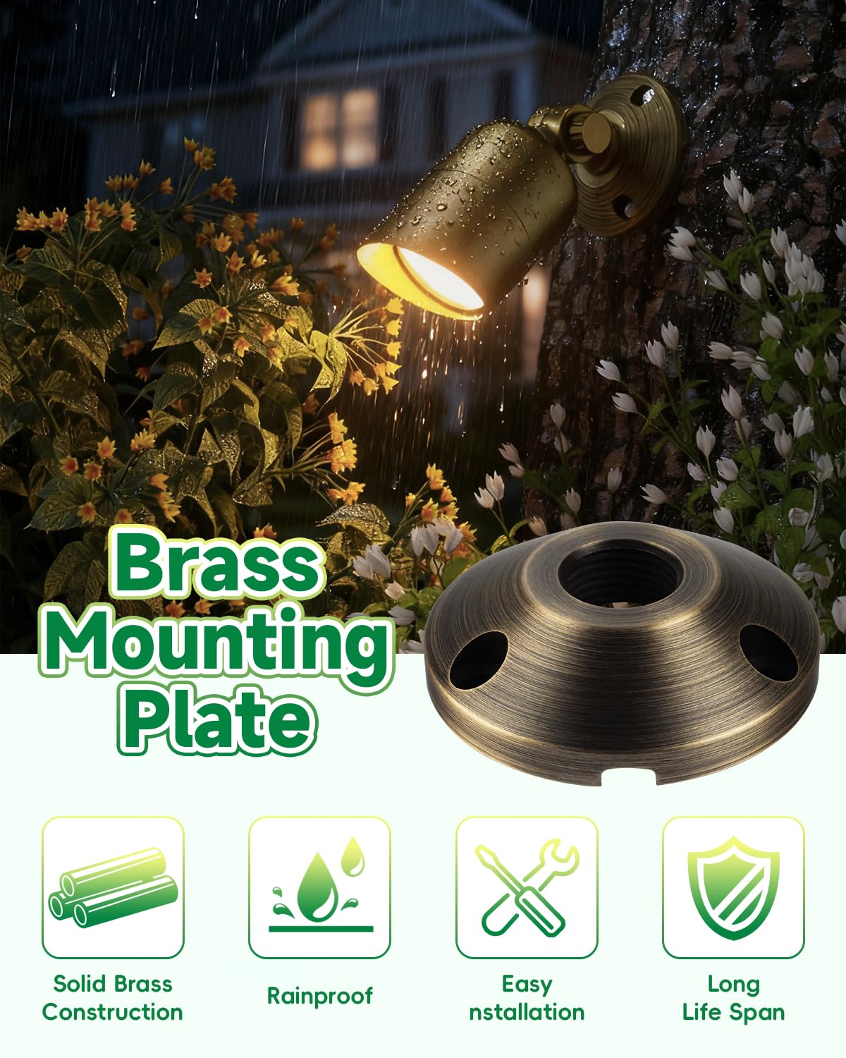 Makergroup Sturdy Cast Brass Landscape Lighting Mounting Base, Outdoor Light Mounting Plate, Surface Mounting Plate, Low Voltage Landscape Lighting