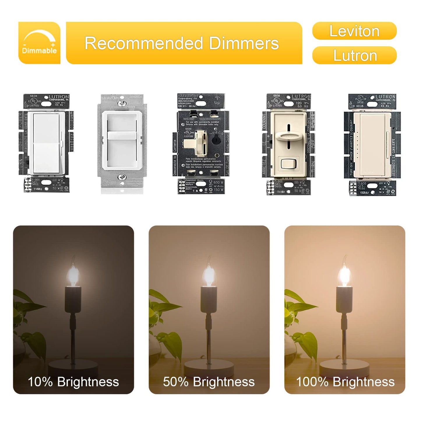 EQ Lighting Dimmable E26 LED Candelabra Bulbs, 25Watt Equivalent, Soft White 3000K, Clear Glass CA10 Flame Tip Shape, 2W LED Candle Light Bulbs