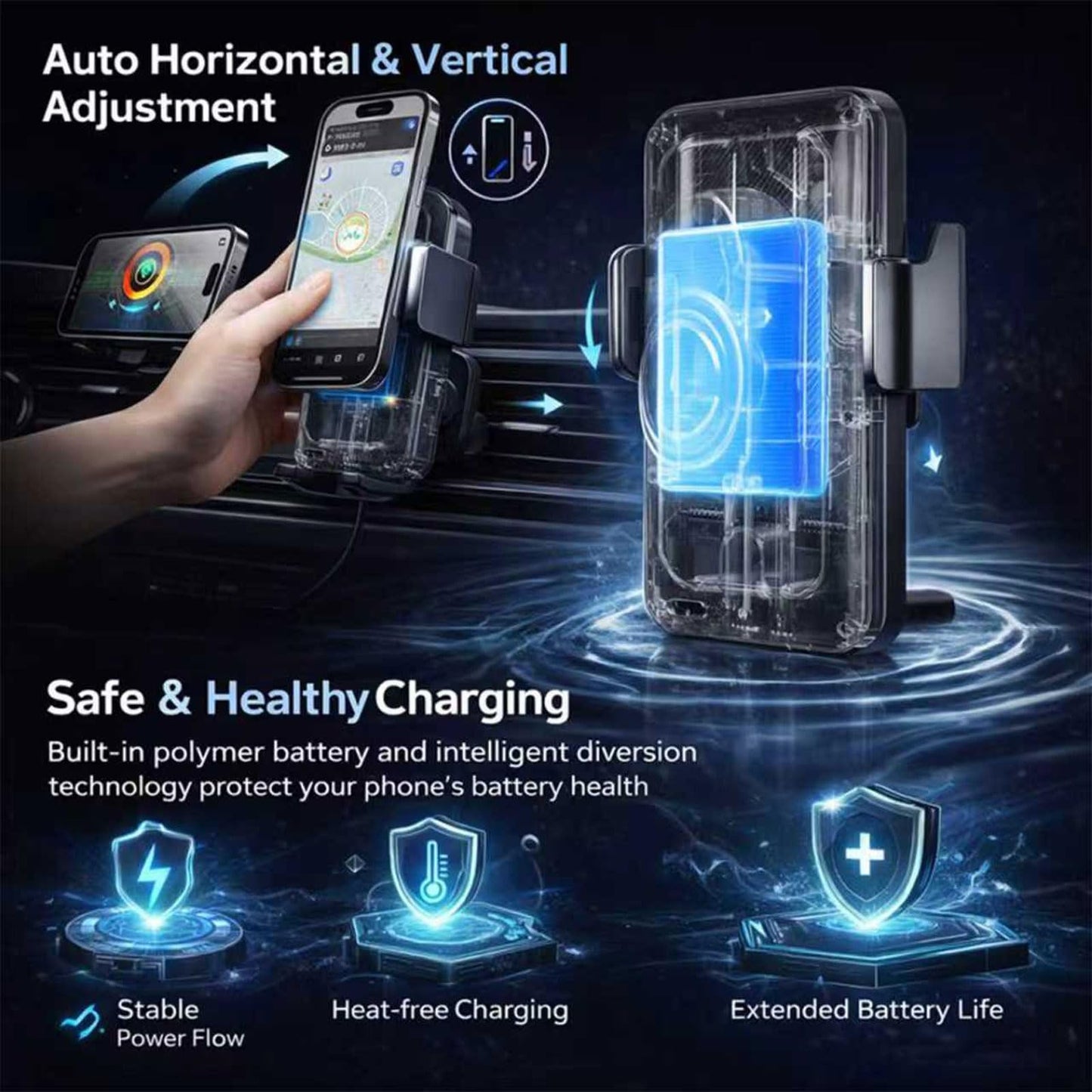 2026 New Cool Car Wireless Fast Charging Holder, 15W Auto-Clamping Wireless Car Charger Mount with 90° Rotating, Universal Air Vent Phone Holder
