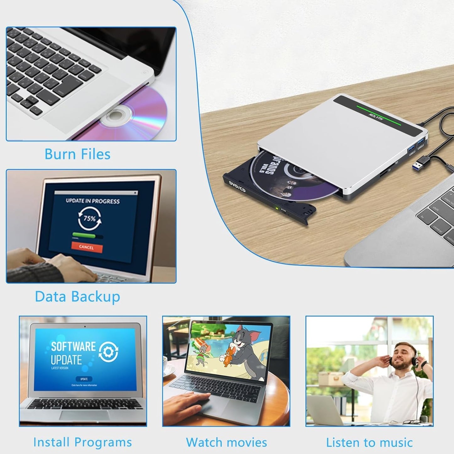 NOLYTH External CD Drive for Laptop: Portable USB3.0 DVD ROM Burner - Optical USB C CD/DVD Player with SD/TF/2 USB Ports Compatible with Apple Mac
