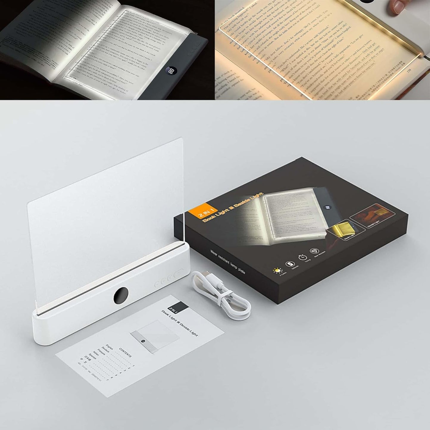 TWINPAIR LED Book Light Page, Rechargeable Book Page Light for Reading, Flat Full Page Reading Light with 3 Colors, Dimming Timer, USB-C,Black