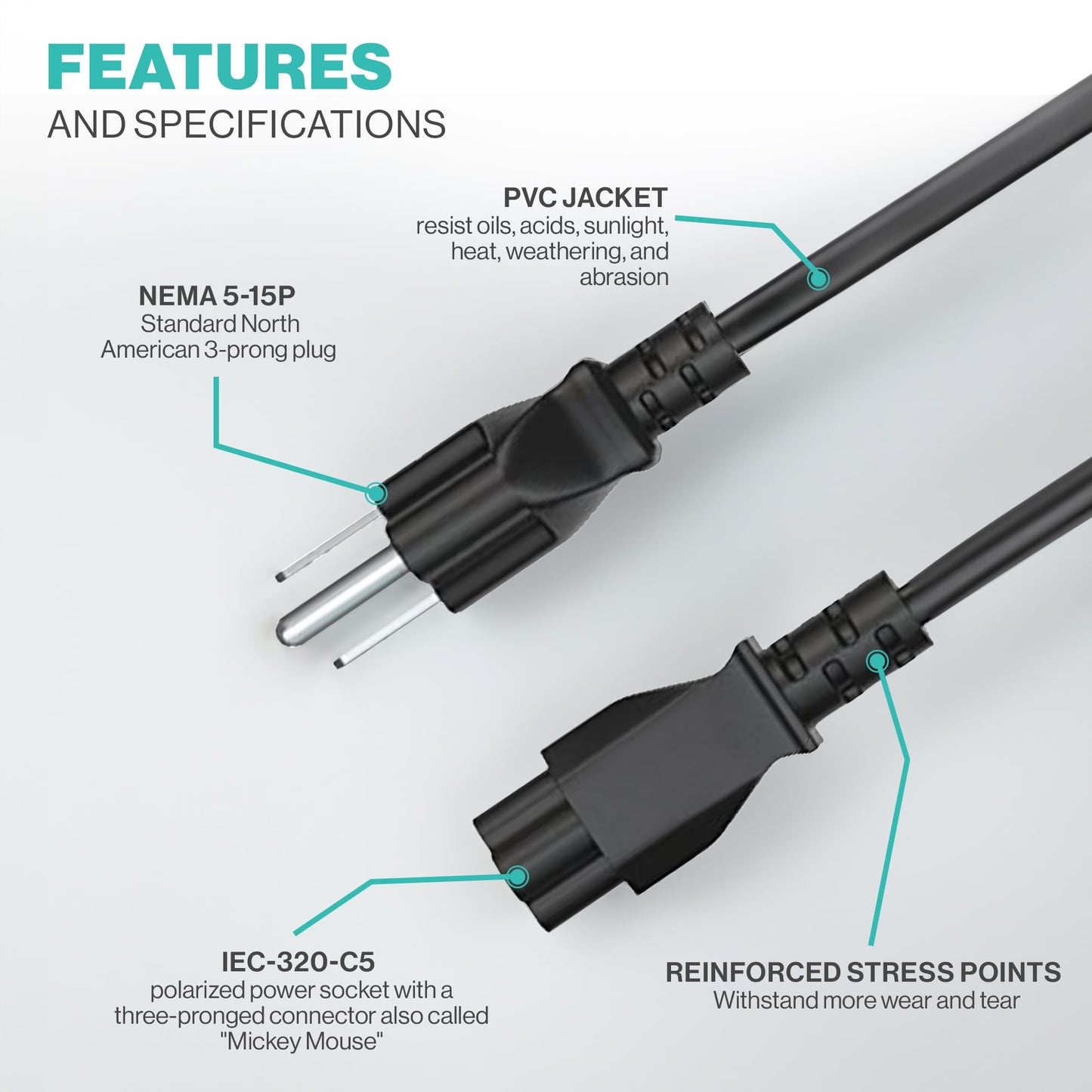 3 Prong AC Laptop Power Cord 5Ft Universal Power Cable | 125V | for Dell HP LG Lenovo Asus Acer Toshiba Sony Laptops/Notebooks, Monitors, Printers