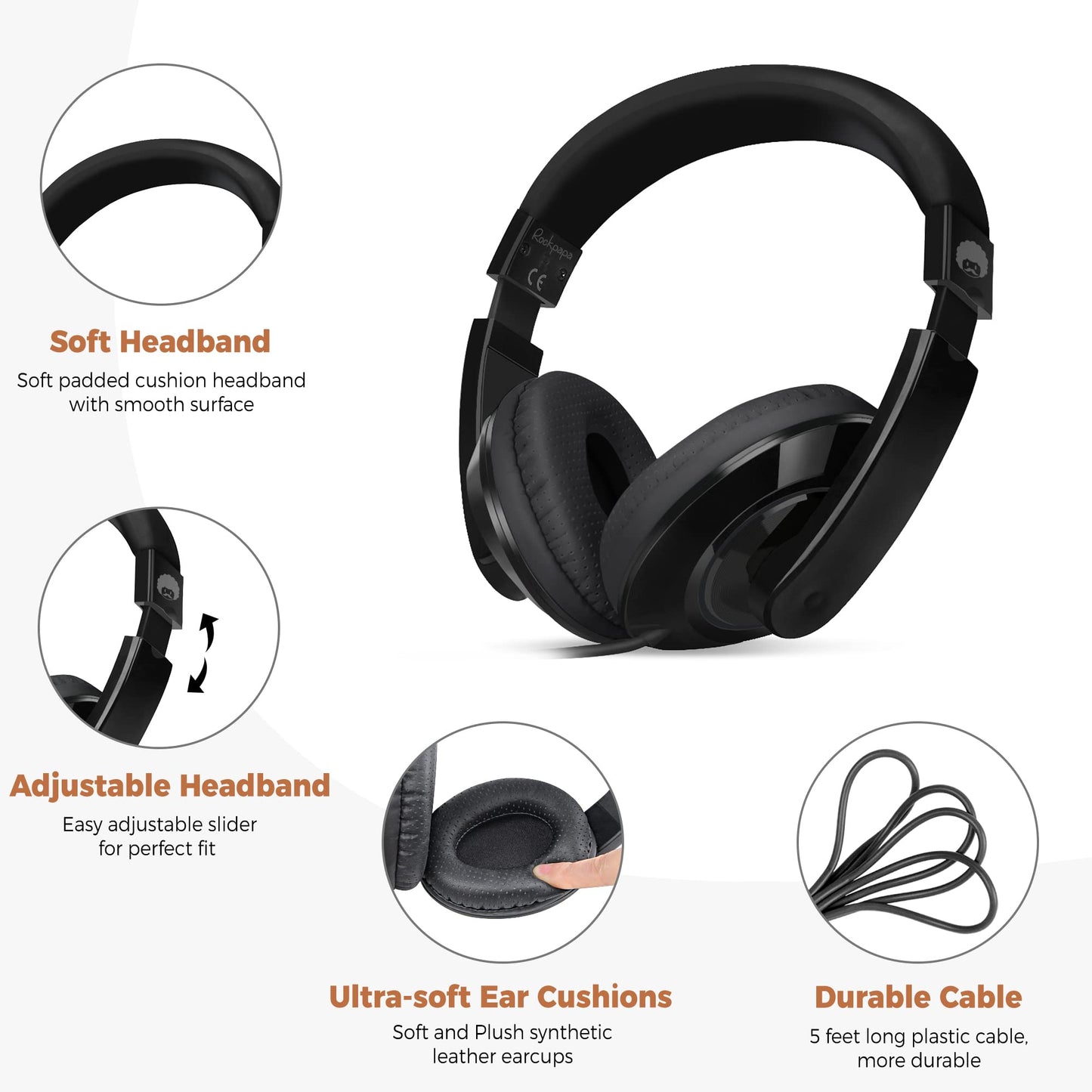 rockpapa Comfort Kids Headphones for School, Lightweight Childrens Boys Girls Teens Over-Ear Headphones Wired 3.5mm for CD DVD Player Tablet Phone…