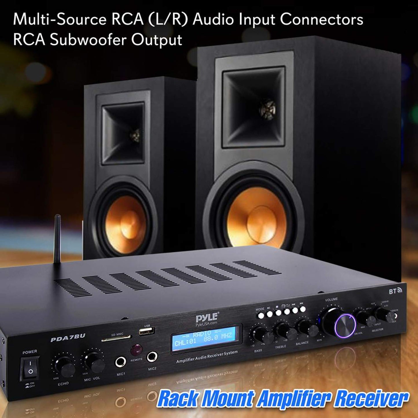 Pyle Bluetooth Home Theater Amplifier - 200 Watts into 5 Channels with Subwoofer Out, Easy Karaoke - Dual Mic, Wireless Streaming, USB/SD with MP3