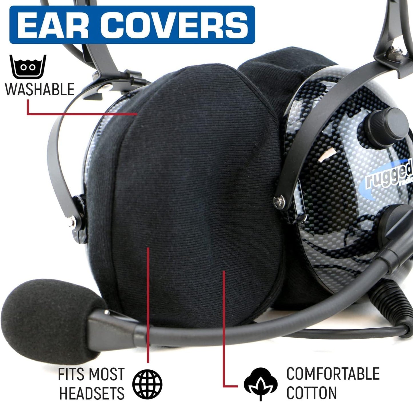 Rugged Radios Cloth Ear Covers for Aviation Pilot Headset Universal Fit with Kore Avcomm David Clark and Racing Radios Headsets