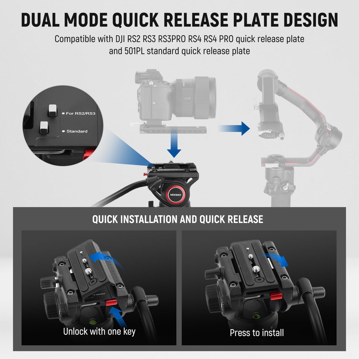 NEEWER 76" Video Camera Tripod with Fluid Head, One Step Quick Release Heavy Duty Aluminum Portable Tripod Stand with Cleaning Cloth, Dual Mode QR