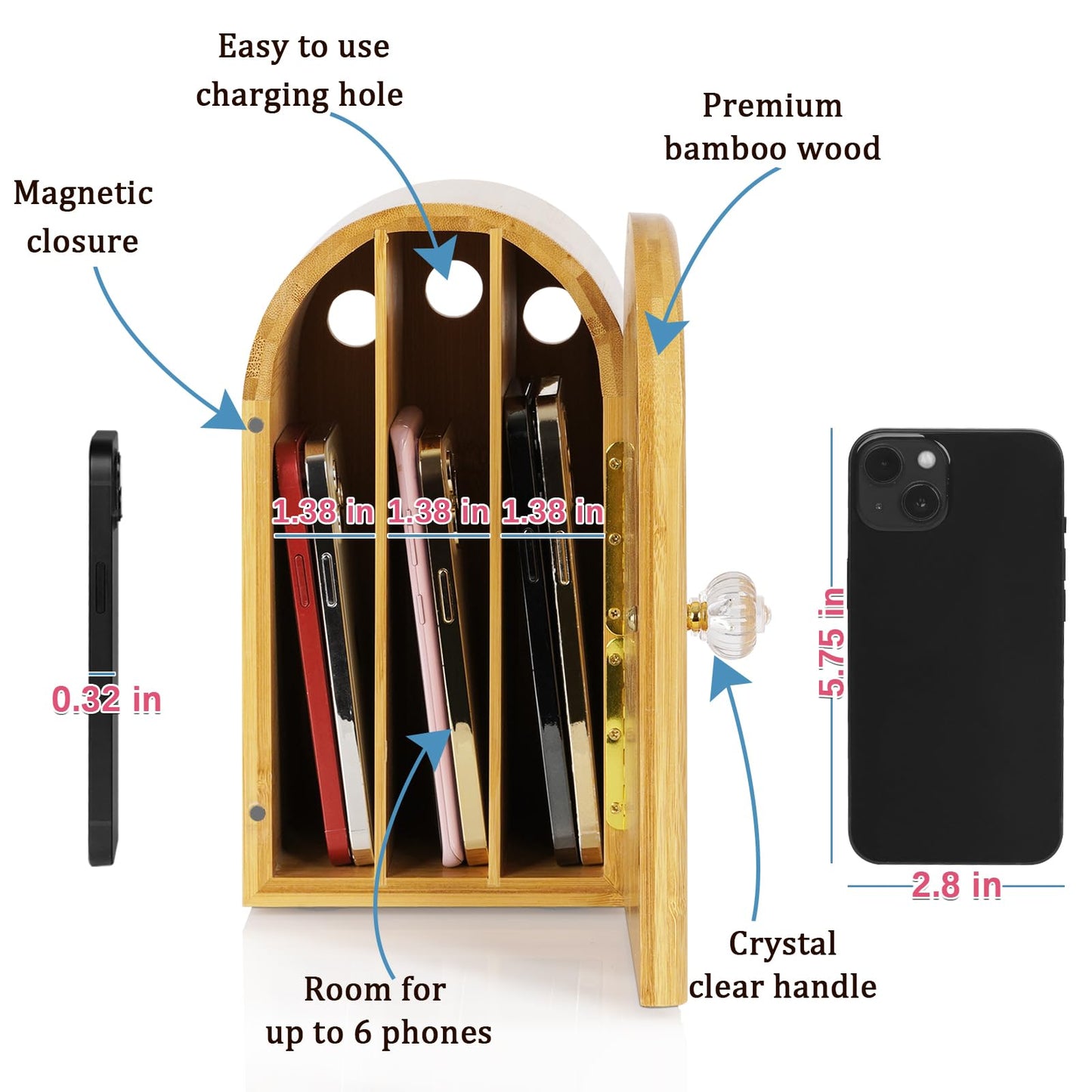 Lzttyee Phone Box for Family Time, Bamboo Cell Phone Jail, 3 Sections Hold 6 Phones, with Charging Holes, Phone Holder Self-Discipline Box, Help Kids