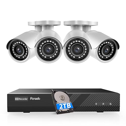 PANOOB 4 Camera Security System, 4pcs 5MP Wired Home Bullet IP PoE Cameras Outdoor with Mic/Audio, AI Human Detection, 100ft IR Night Vision, 4K 8