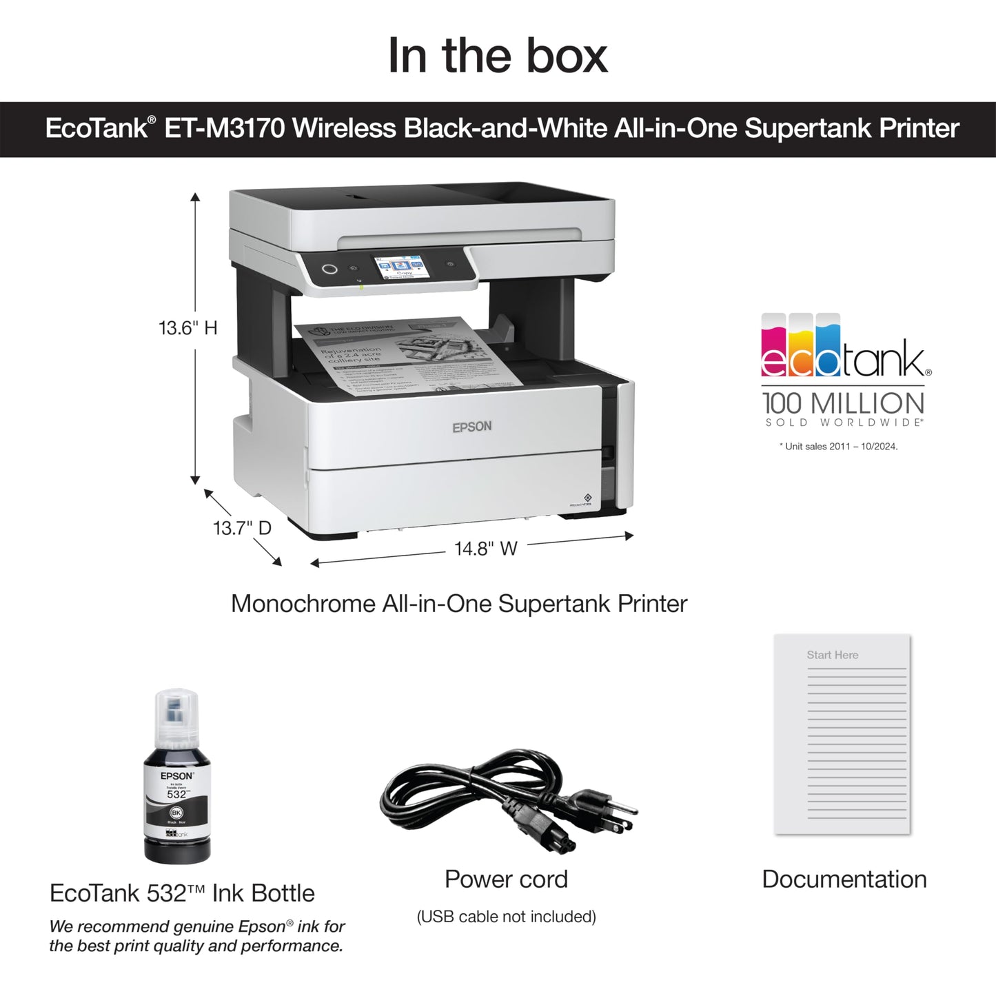 Epson EcoTank ET-M3170 Wireless Monochrome All-in-One Supertank Printer with ADF, Fax and Ethernet Plus 2 Years of Unlimited Ink*