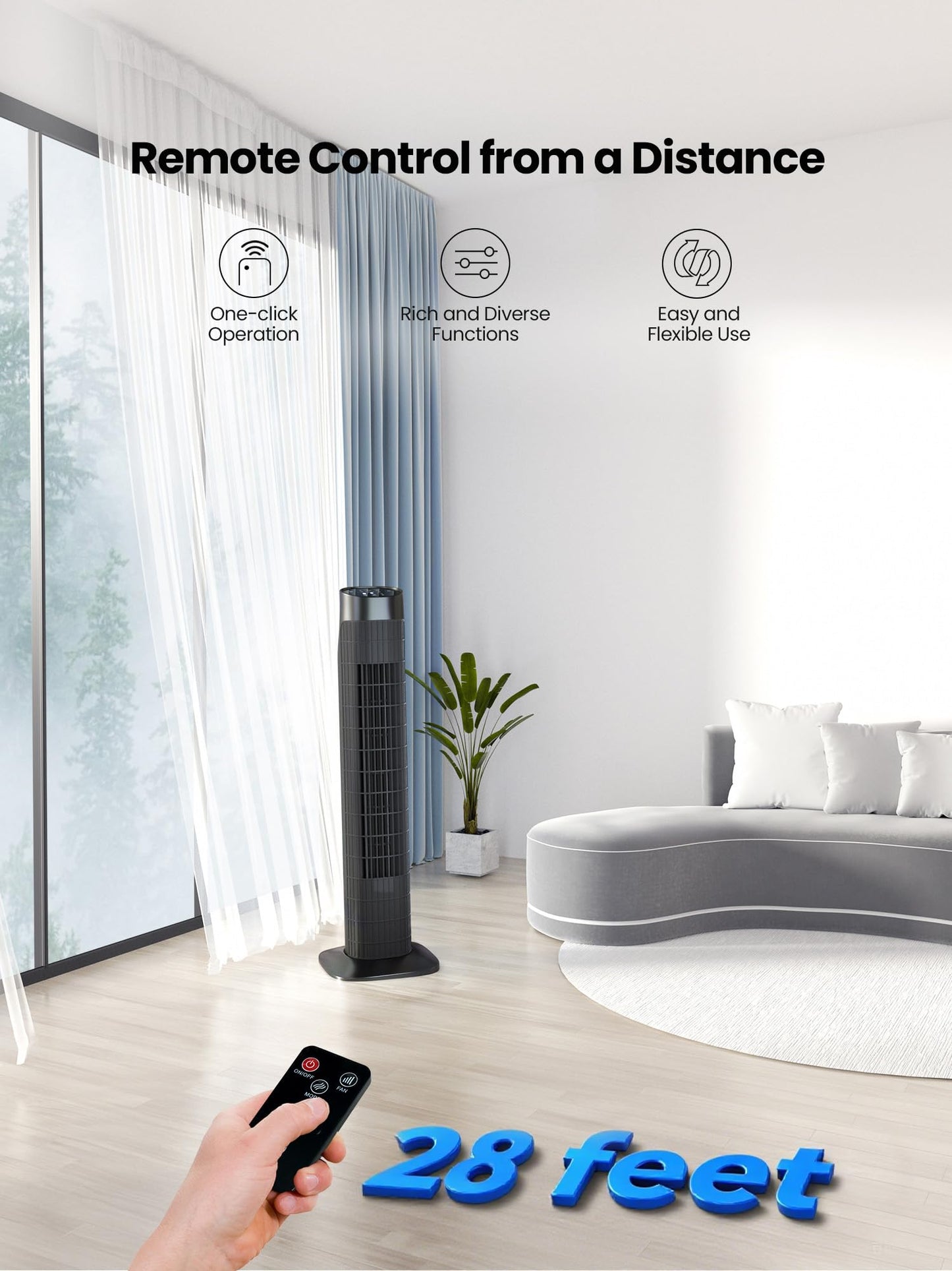 Uthfy Tower Fan with Remote, Portable 120° Oscillating Standing Fan, 3 Speeds & 3 Modes, 7.5H Timer, Fans That Blow Cold Air for Bedroom, Living Room