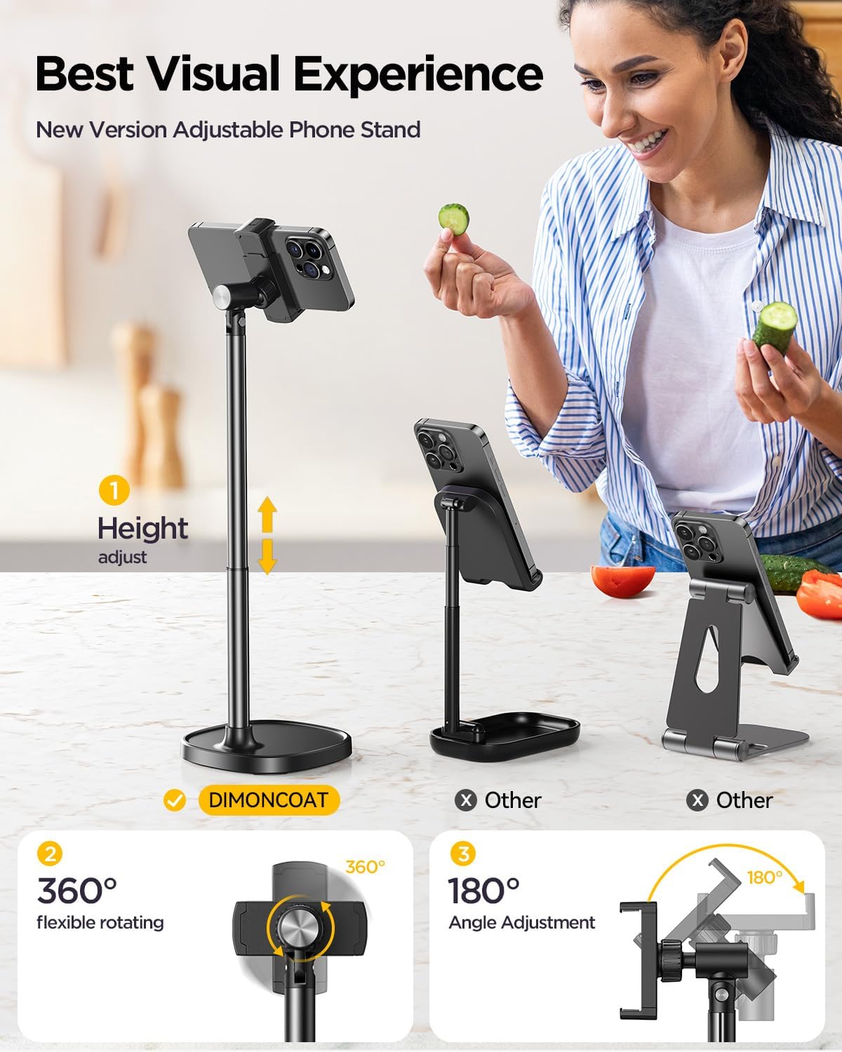 DIMONCOAT Phone Stand for Desk, Angle Height Adjustable Phone Holder for Desk, Aluminum Alloy Universal iPhone Holder, Retractable Cell Phone Stand