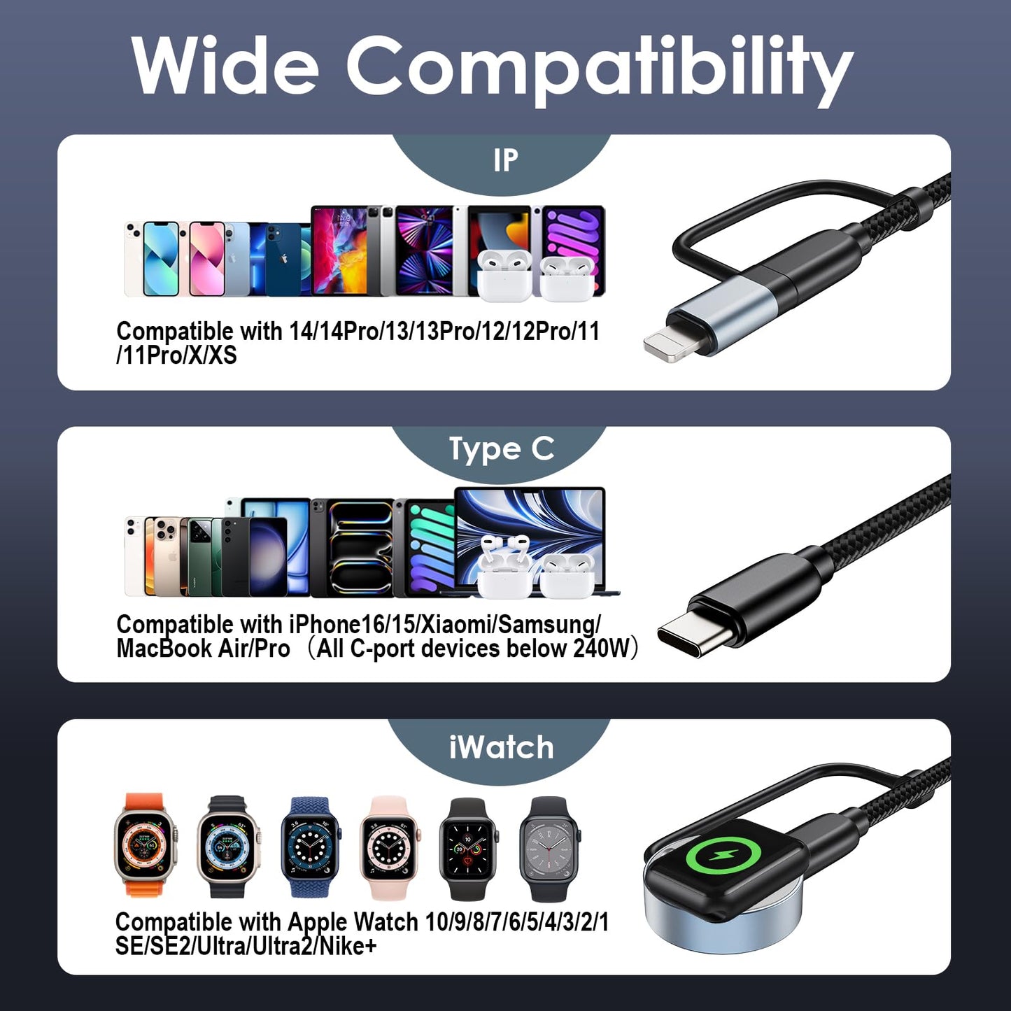 240W Fast Charging USB C Cord,Braided for Apple Watch/iPhone Charger/Samsung Charger, Travel Essentials for iWatch 10/9/8/7/6/5/4/3/2/1, iPhone 17-11