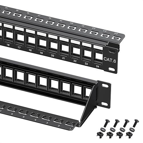 Cable Matters Rackmount or Wall Mount 1U 24 Port Keystone Patch Panel with Cable Management and Support Bar, 19-inch Blank Patch Panel for Keystone