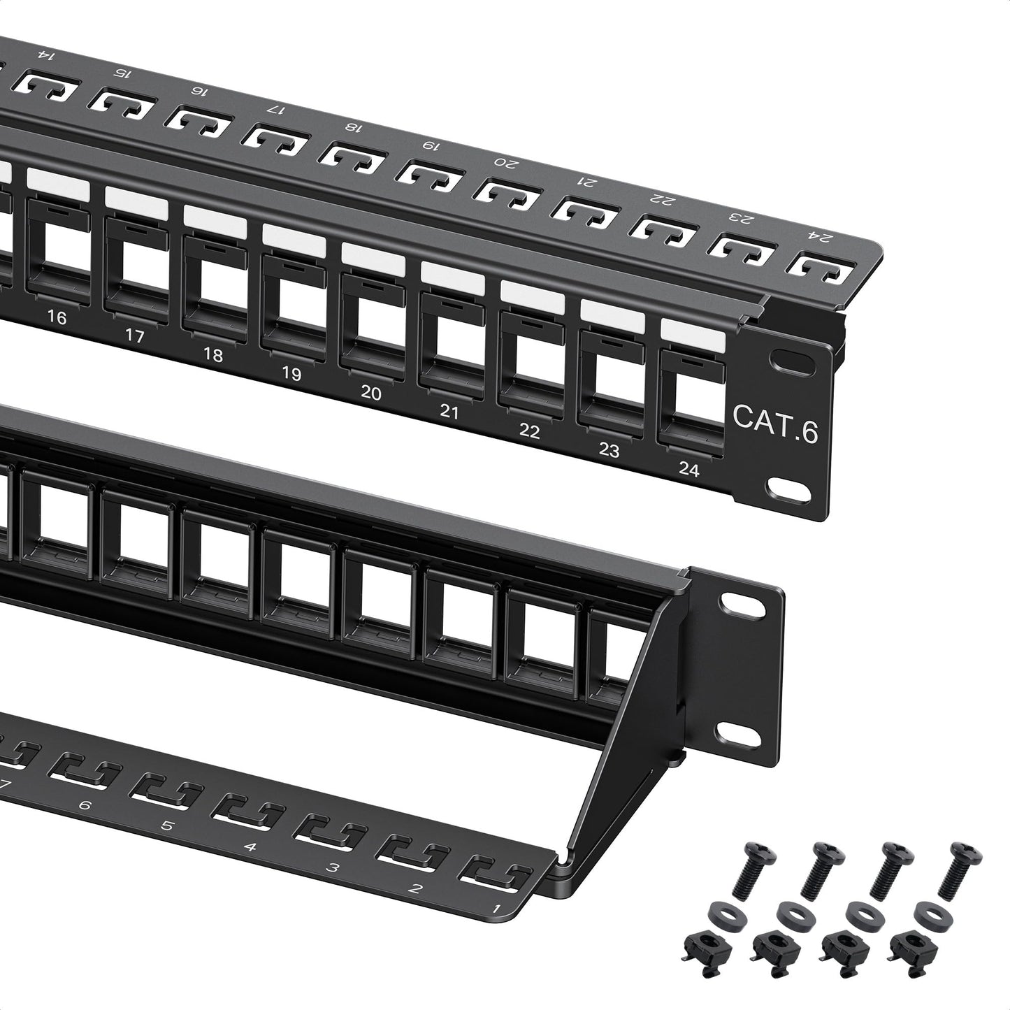 Cable Matters Rackmount or Wall Mount 1U 24 Port Keystone Patch Panel with Cable Management and Support Bar, 19-inch Blank Patch Panel for Keystone