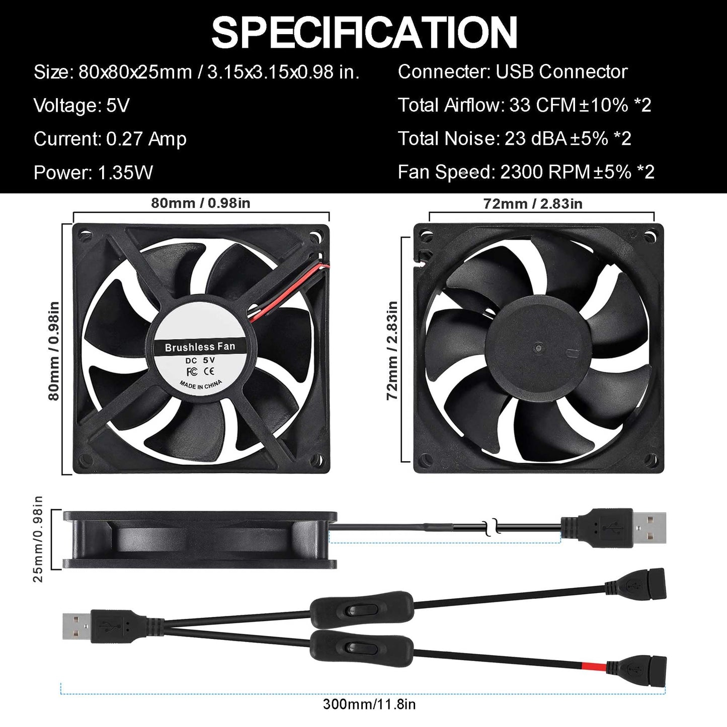 ALAMSCN 2pcs Quiet 80mm USB Fan 5V 8025 80x25mm Portable Cooling Fan with ON/Off Switch for PC Computer Case Receiver DVR PlayStation TV Box CPU