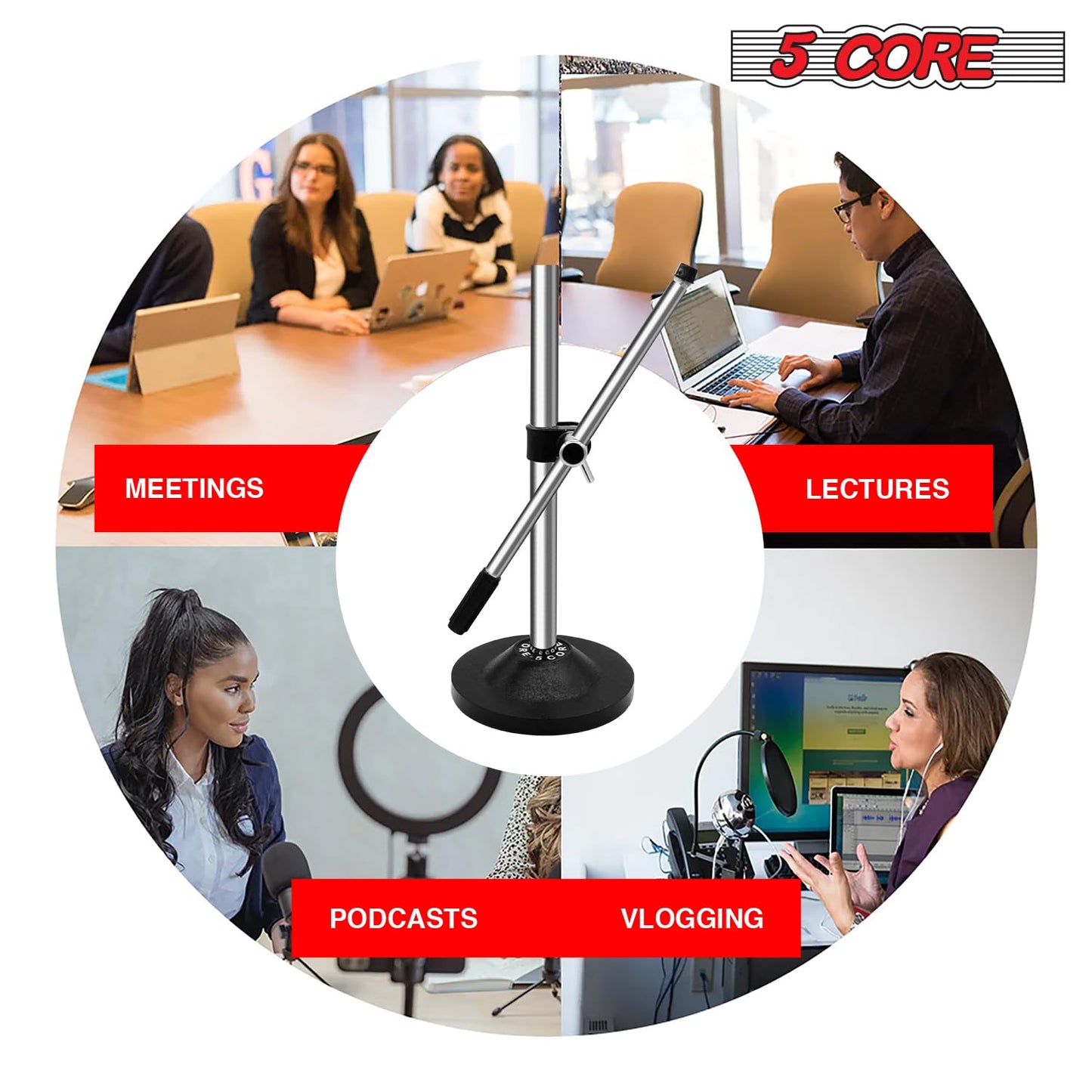 5 Core Mic Stand Adjustable Desk Boom Microphone Stands Round Base Portable Table Pedestal Para Microfono w Universal Mike Holder - MS RBS CH IN
