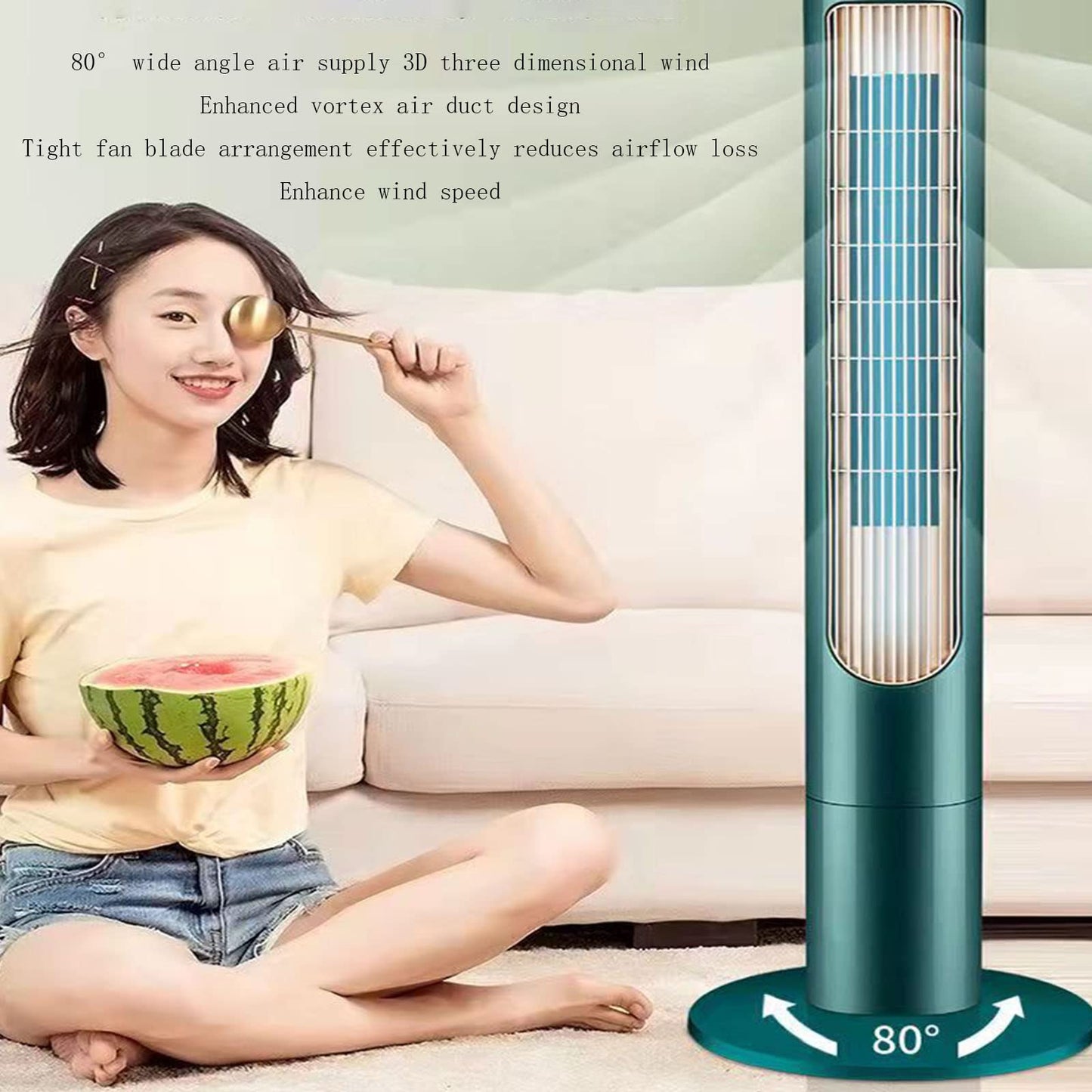Tower Fan Bladeless Floor Fan 90° Wide Angled Oscillation Tower Fan with Remote Indoor Standing Fans for Home Bedroom Office Room (Dark Green) (Rose
