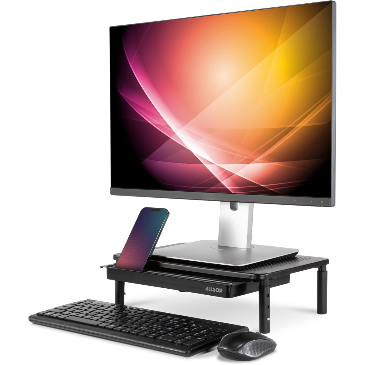 Allsop Metal Art Tri Level Stand, for 27" Monitors, 14.5" X 9.25" X 4.13" to 5.75", Black, Supports 30 Lb