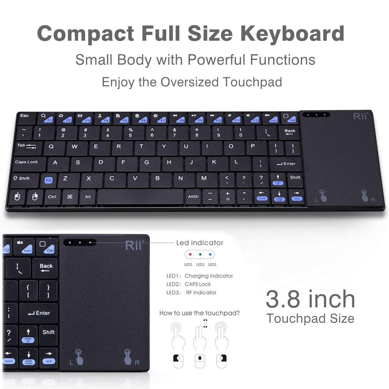 Rii K12+ Mini Wireless Keyboard with Large Touchpad Mouse&Qwerty Keypad, Stainless Steel Portable Wireless Keyboard with USB Receiver